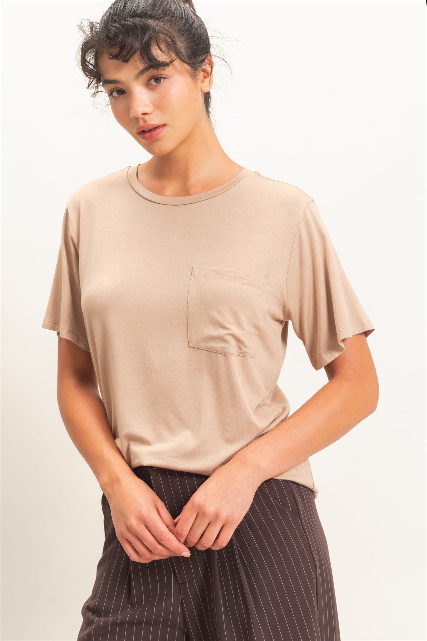 Wholesale Crew Neck Pocket Tee Clothing Tops DZ26E254 DARK TAUPE DOUBLE ZERO