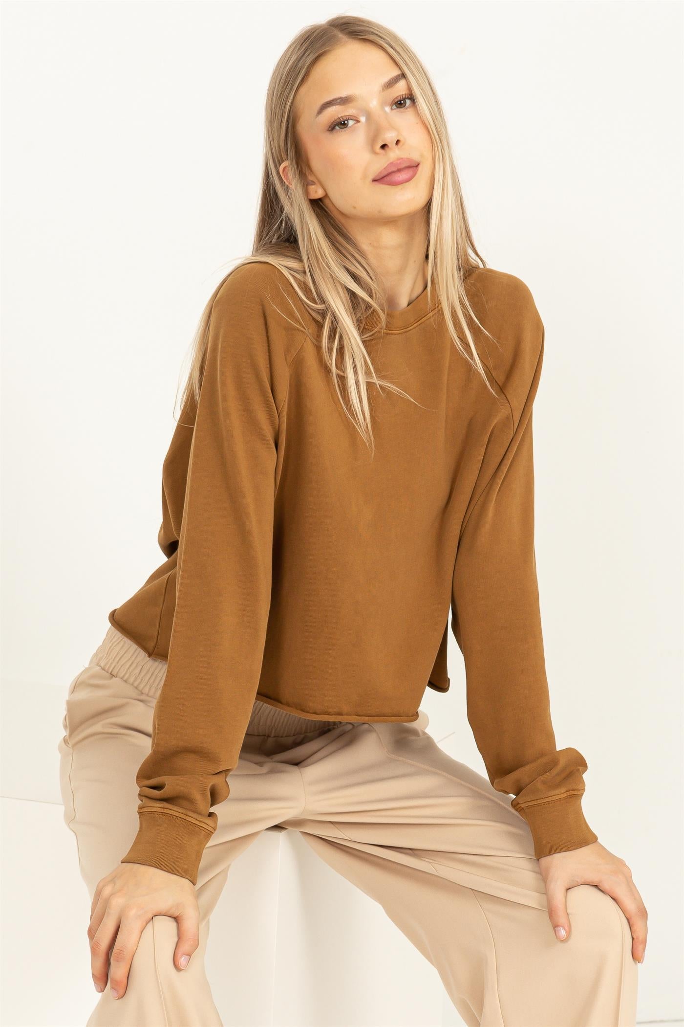 Wholesale Raglan Long Sleeve Top Clothing Tops DZ23G286 PALE BROWN DOUBLE ZERO