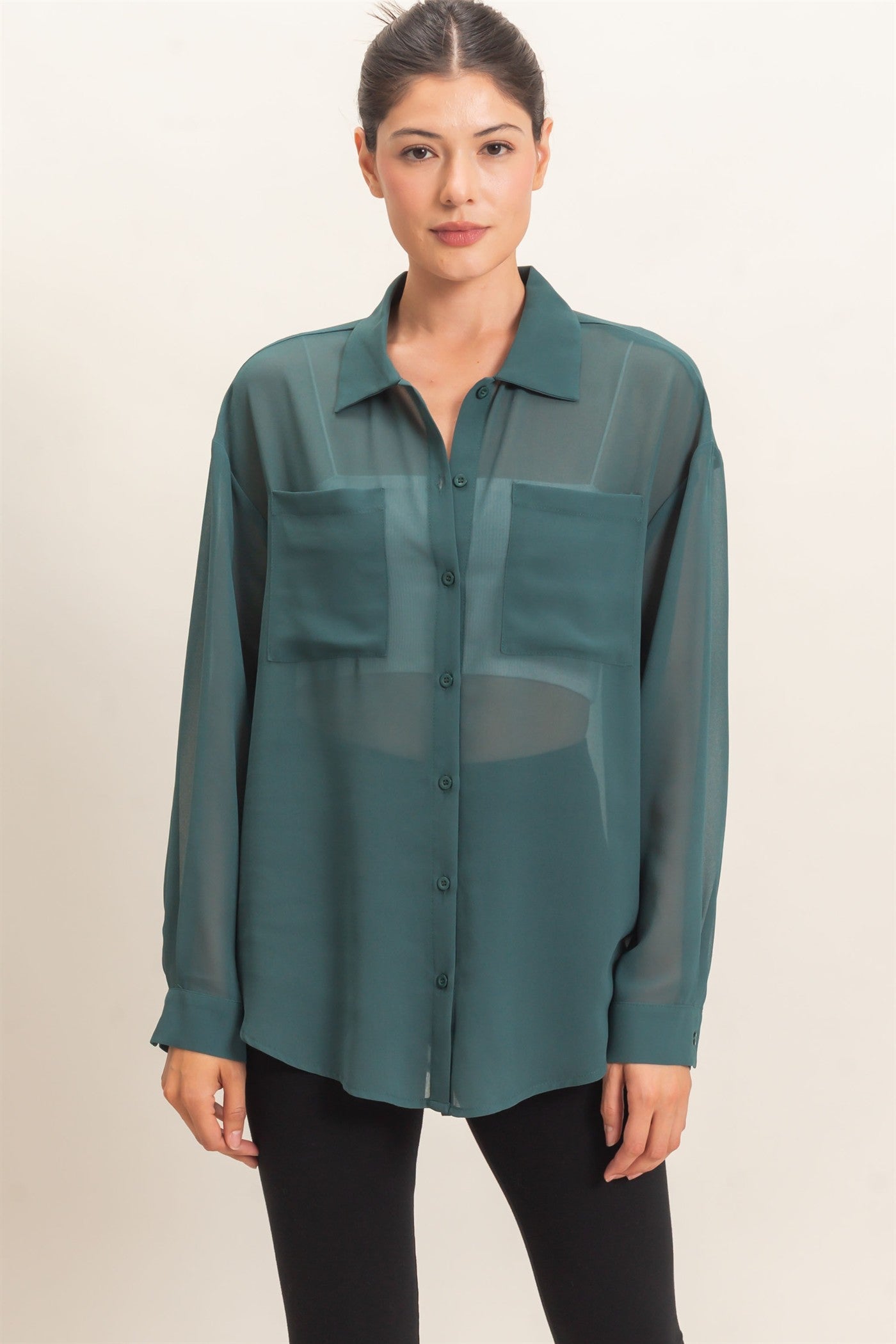 Wholesale Button-Down Collar Blouse Shirts HF26F067 TEAL GREEN HYFVE