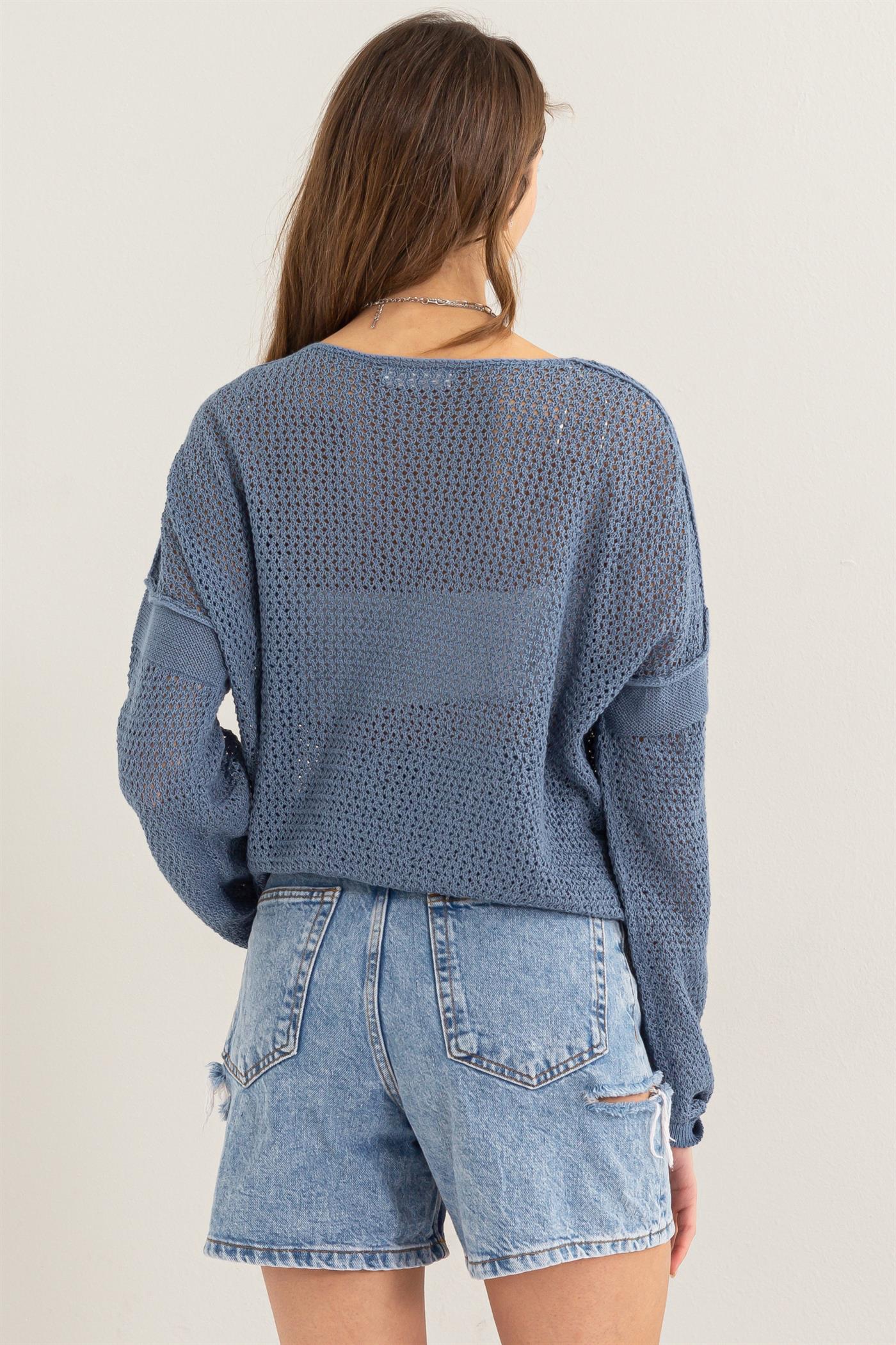 Wholesale Open Knit Drop Shoulder Sweater Clothing Tops DZ24C033 GRAY BLUE DOUBLE ZERO