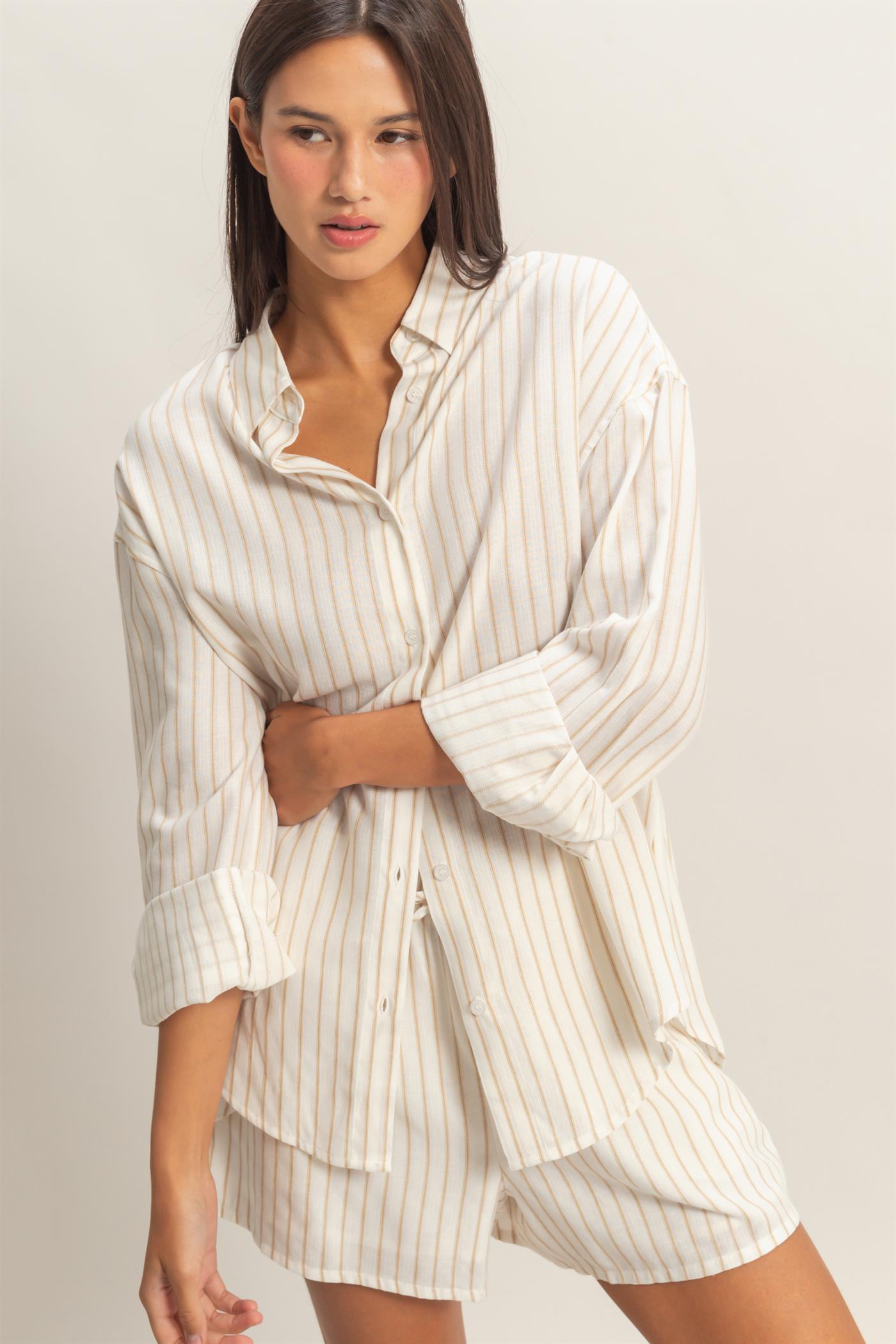 Wholesale Striped Button-Up Shirt Shirts DZ26C413 TAUPE DOUBLE ZERO