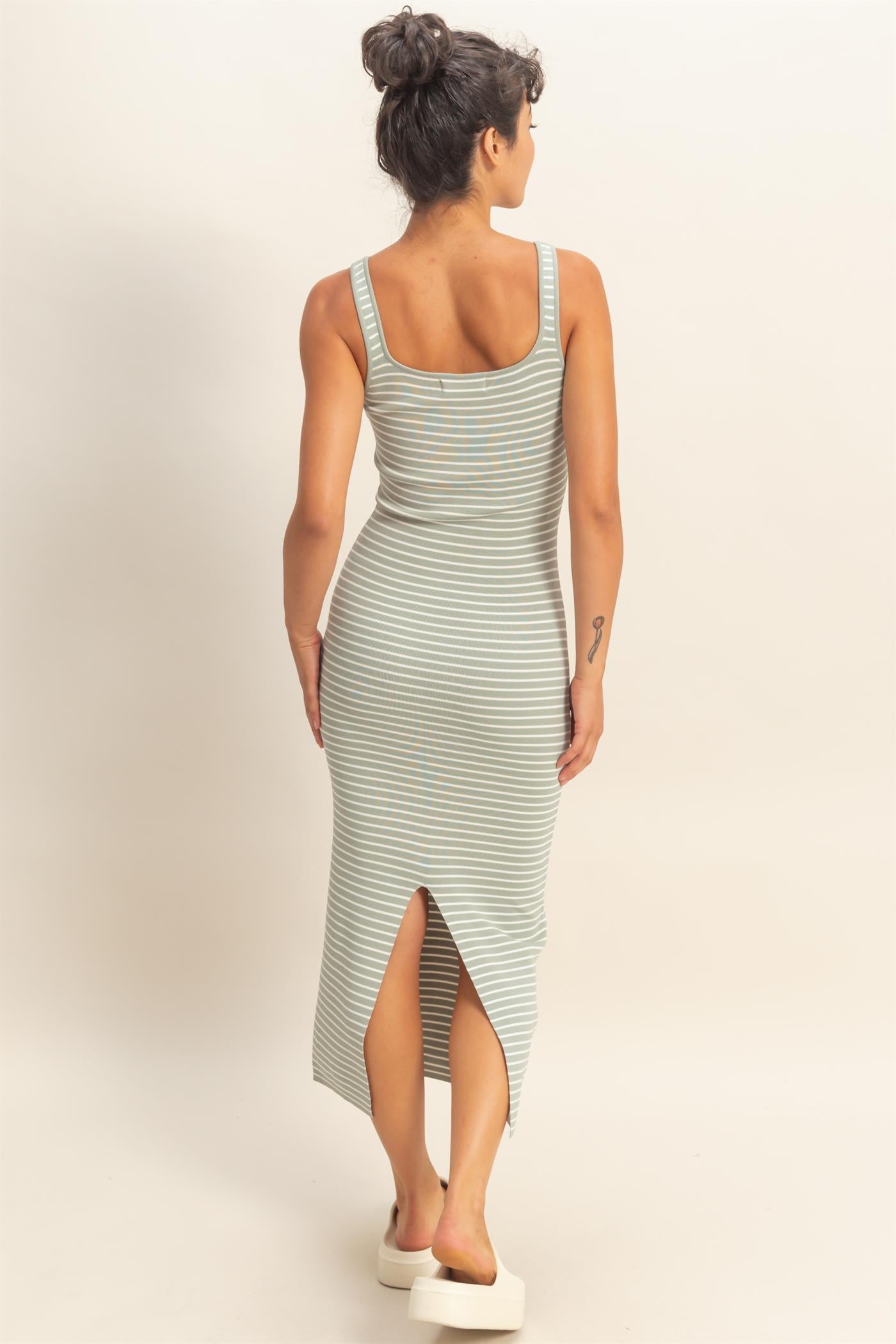 Wholesale Striped Bodycon Midi Dress With Back Slit Dresses DZ26C340 SAGE GREEN DOUBLE ZERO