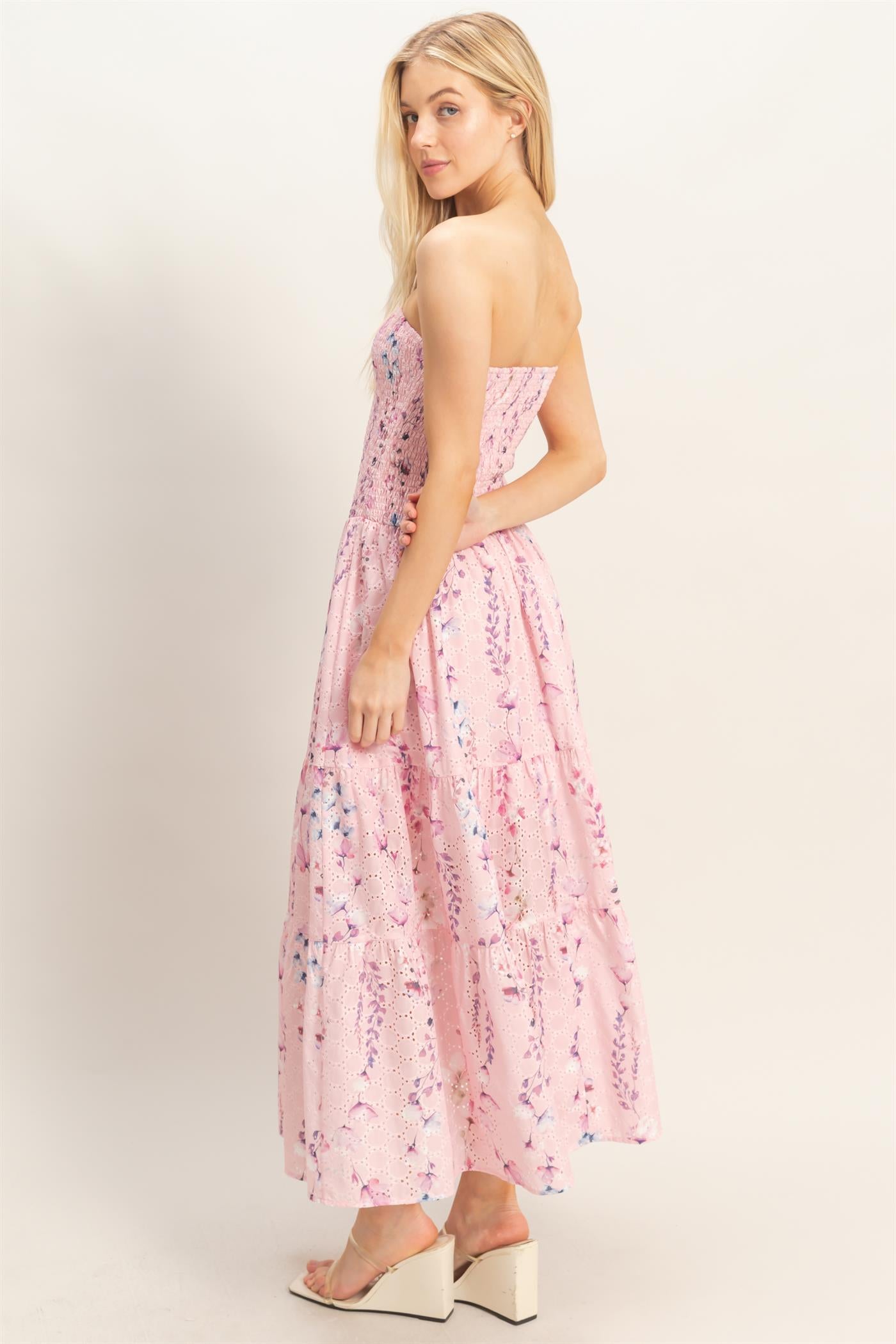 Wholesale Strapless Smocked Floral Dress Dresses HF25E642-D PINK HYFVE