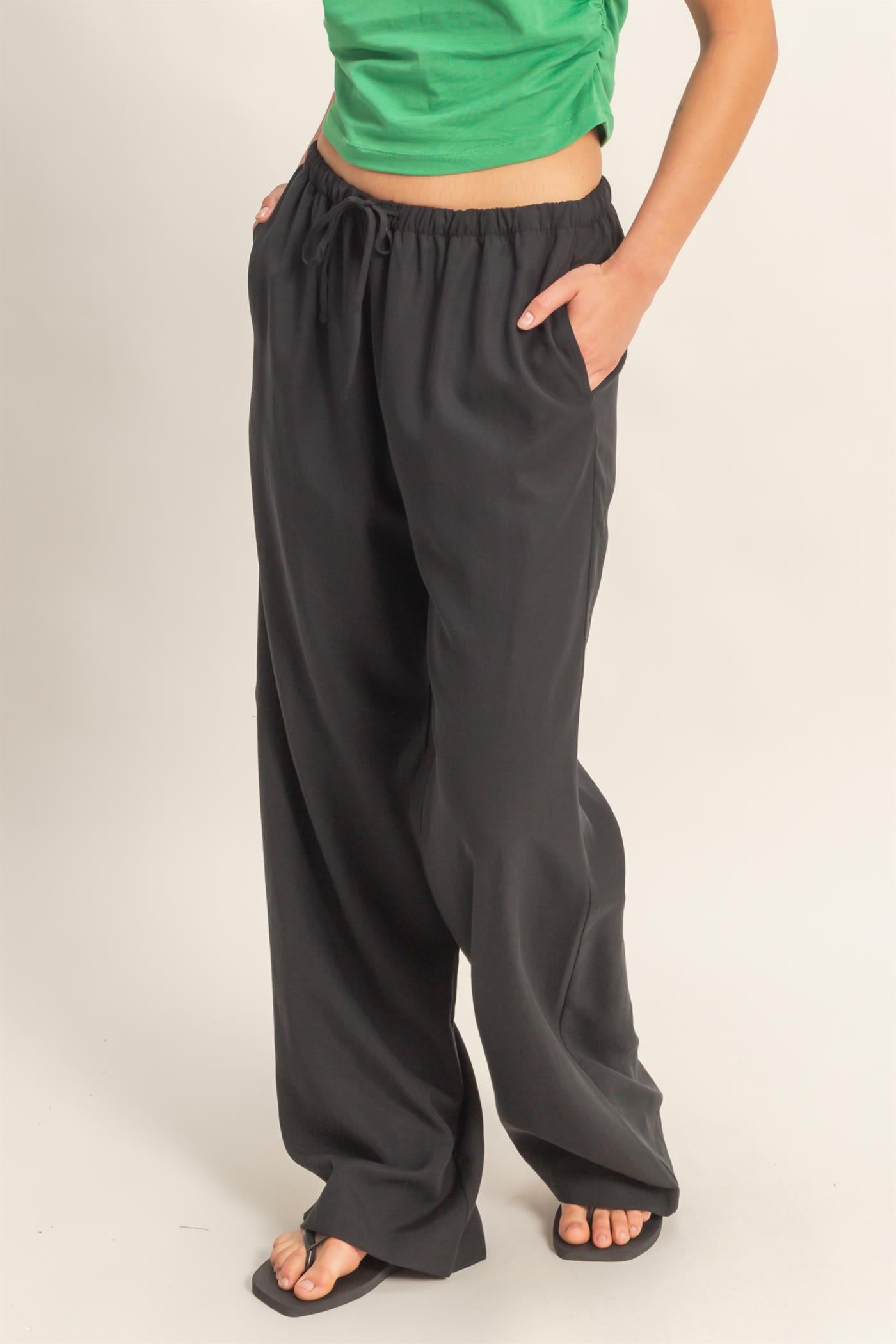 Wholesale Lyocell Linen Elastic Waist Straight Leg Pants Pants DZ26A979 BLACK DOUBLE ZERO