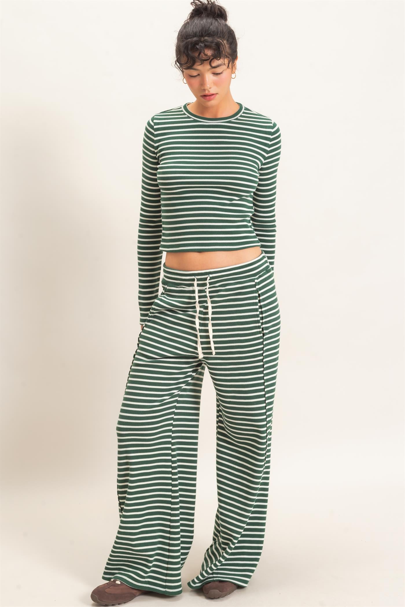 Wholesale Striped Waffle Long Sleeve Top & Pants Set Clothing DZ25F479-SET DARK GREEN DOUBLE ZERO