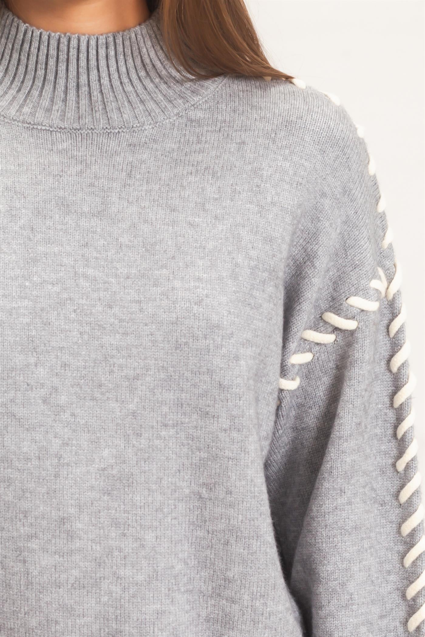 Wholesale Blanket Stitch High Neck Sweater Sweaters DZ27A190 HEATHER GRAY DOUBLE ZERO