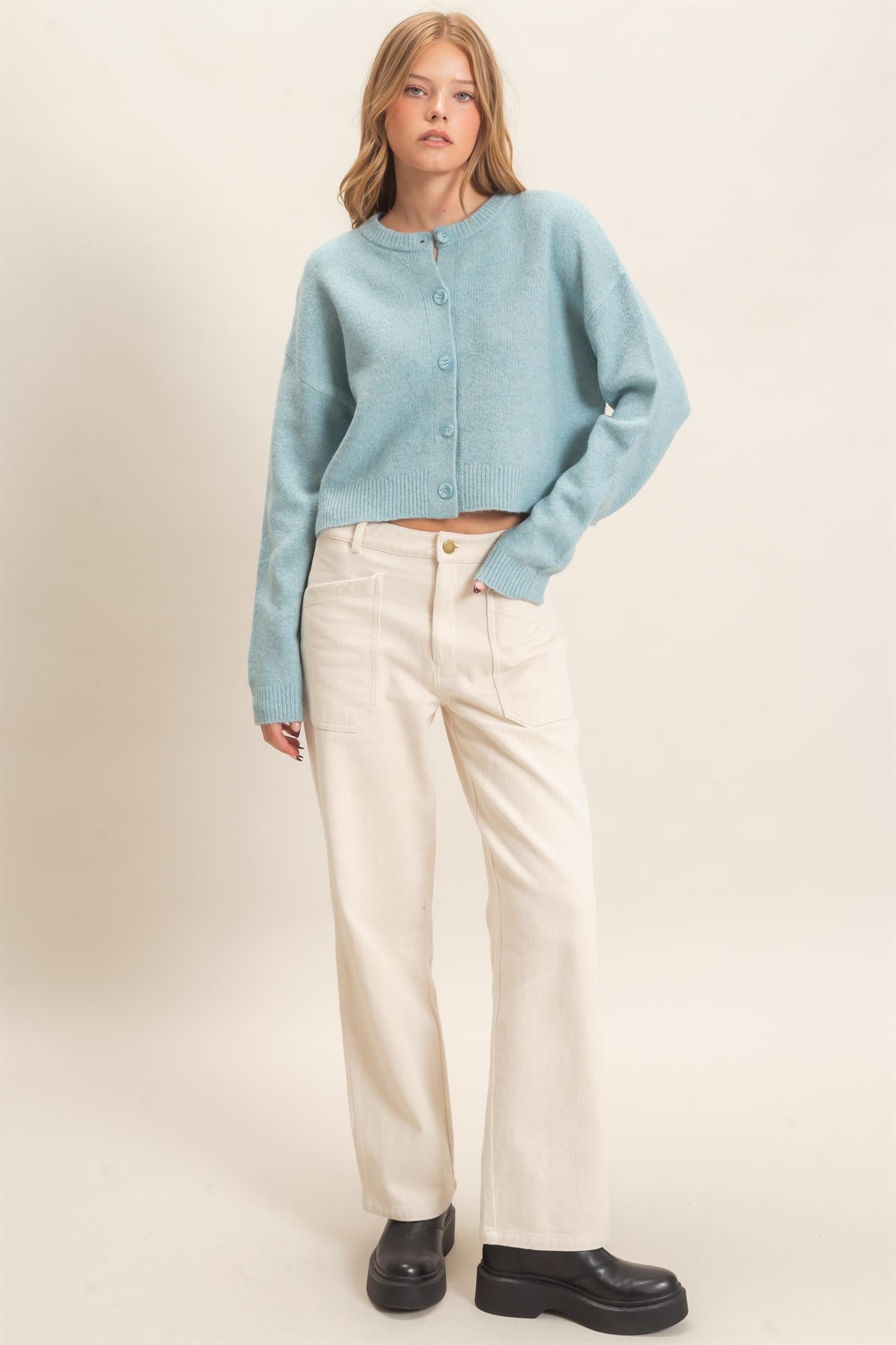 Wholesale Crew Neck Cardigan Sweater Cardigans HF26E226-D LIGHT BLUE HYFVE