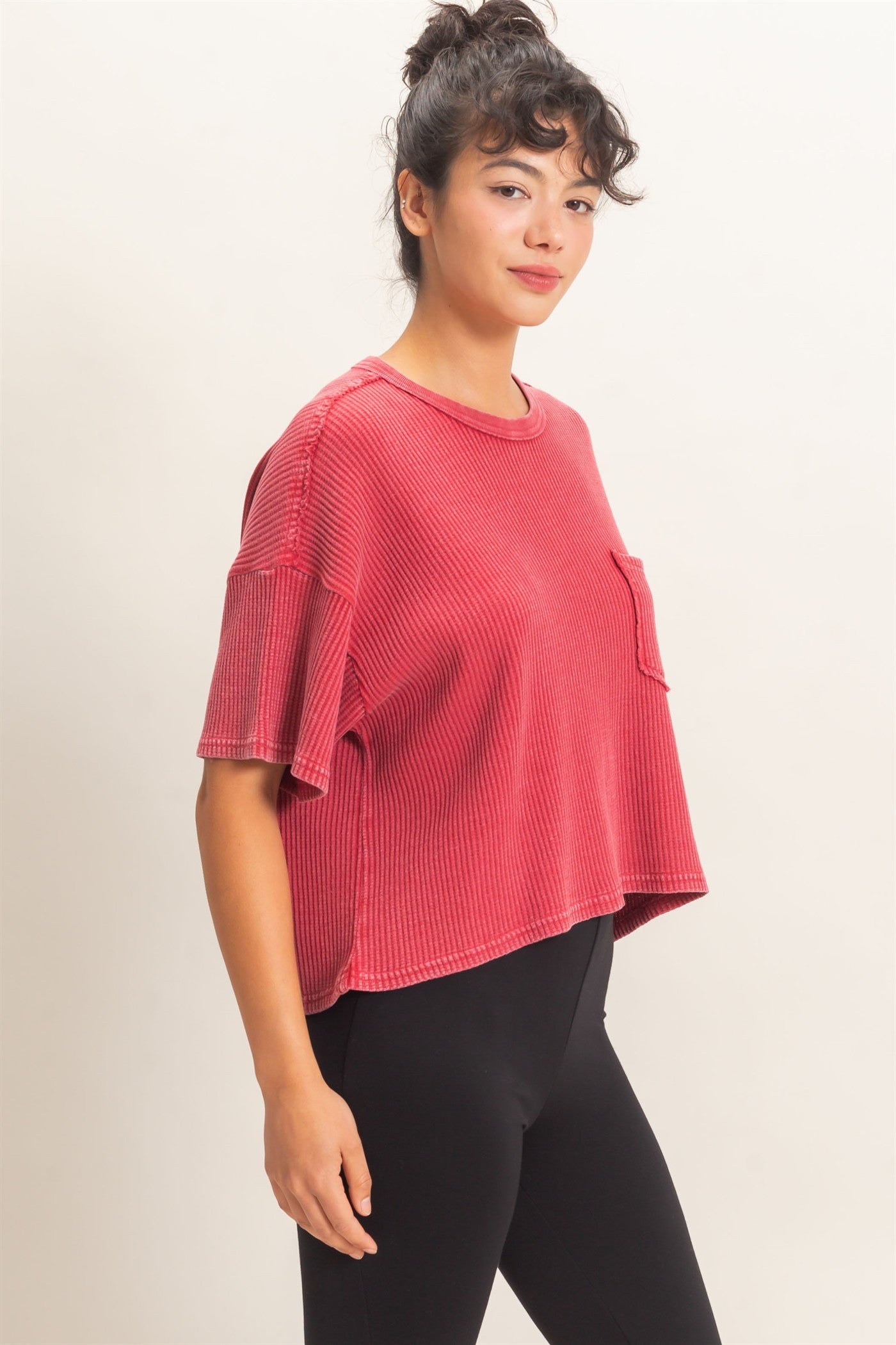 Wholesale Mineral Wash Waffle Knit Pocket Top Clothing Tops DZ26E222 DARK RED DOUBLE ZERO