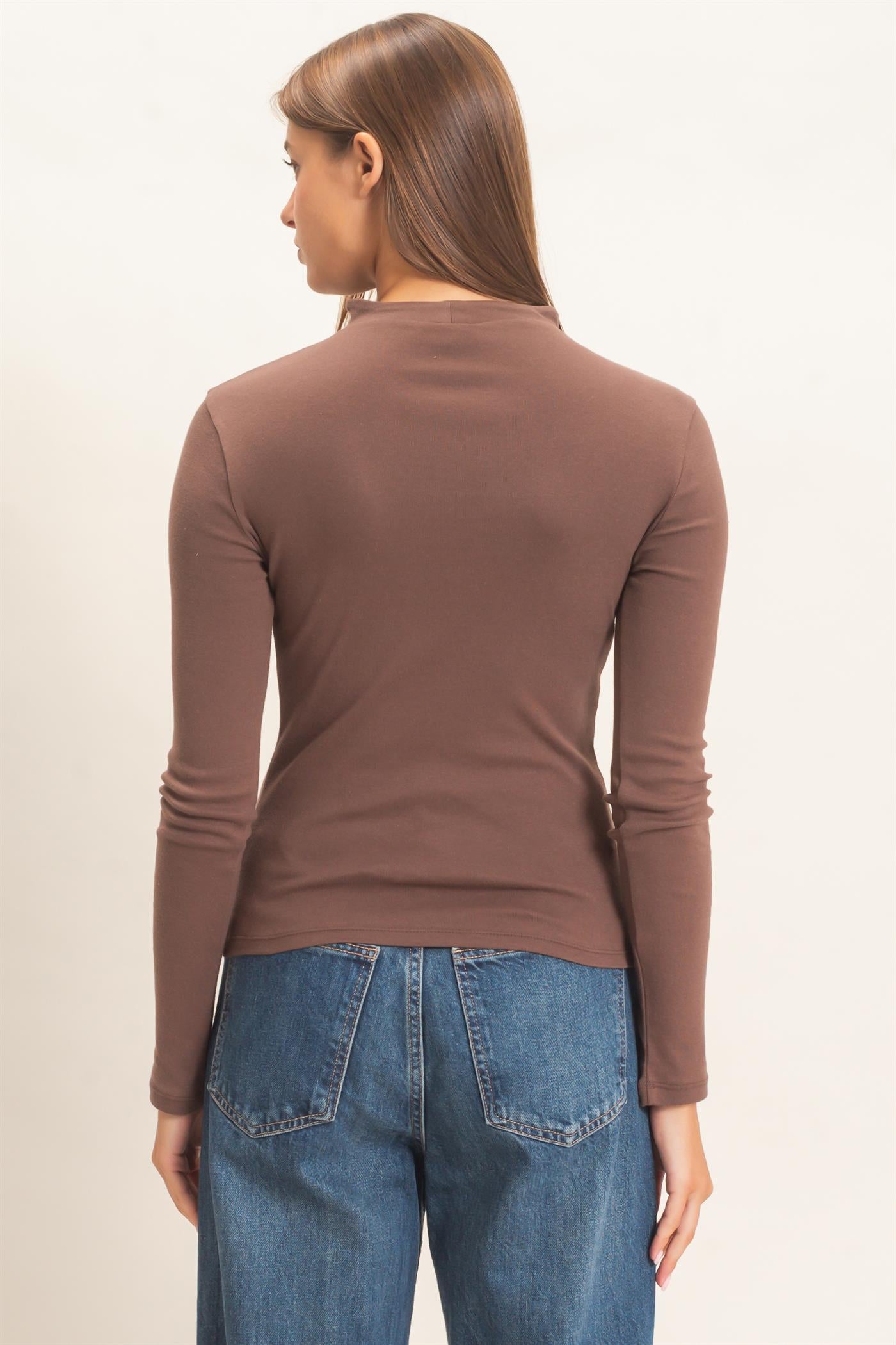 Wholesale Mock Neck Long Sleeve Top Clothing Tops DZ26F281 DARK BROWN DOUBLE ZERO