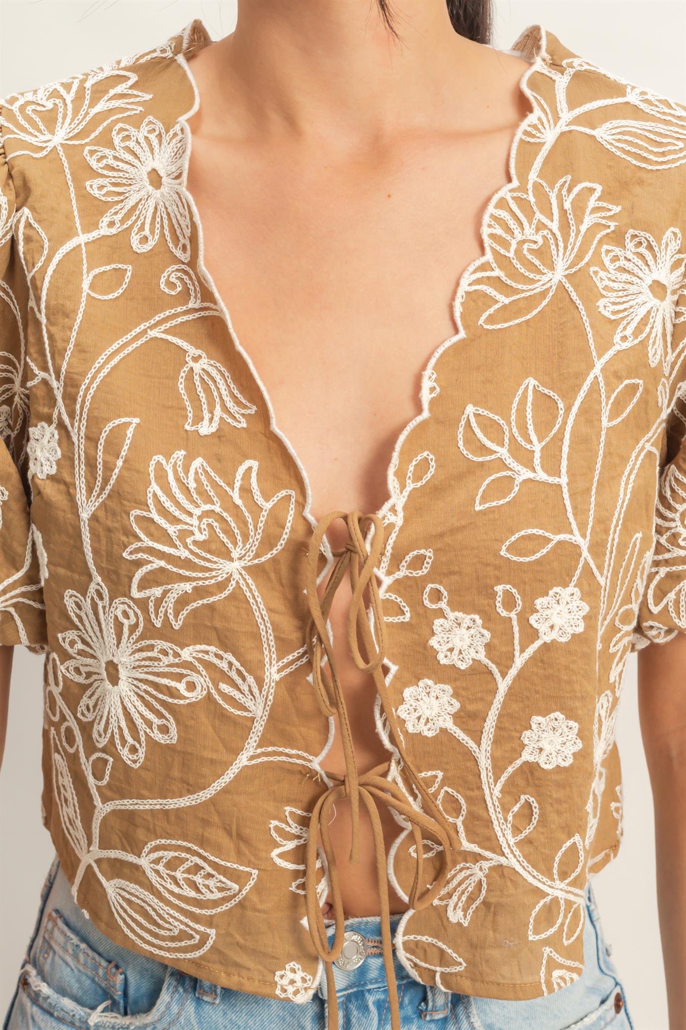 Wholesale Floral Embroidered Tie-Front Top Blouses HF26C556-D LIGHT BROWN HYFVE