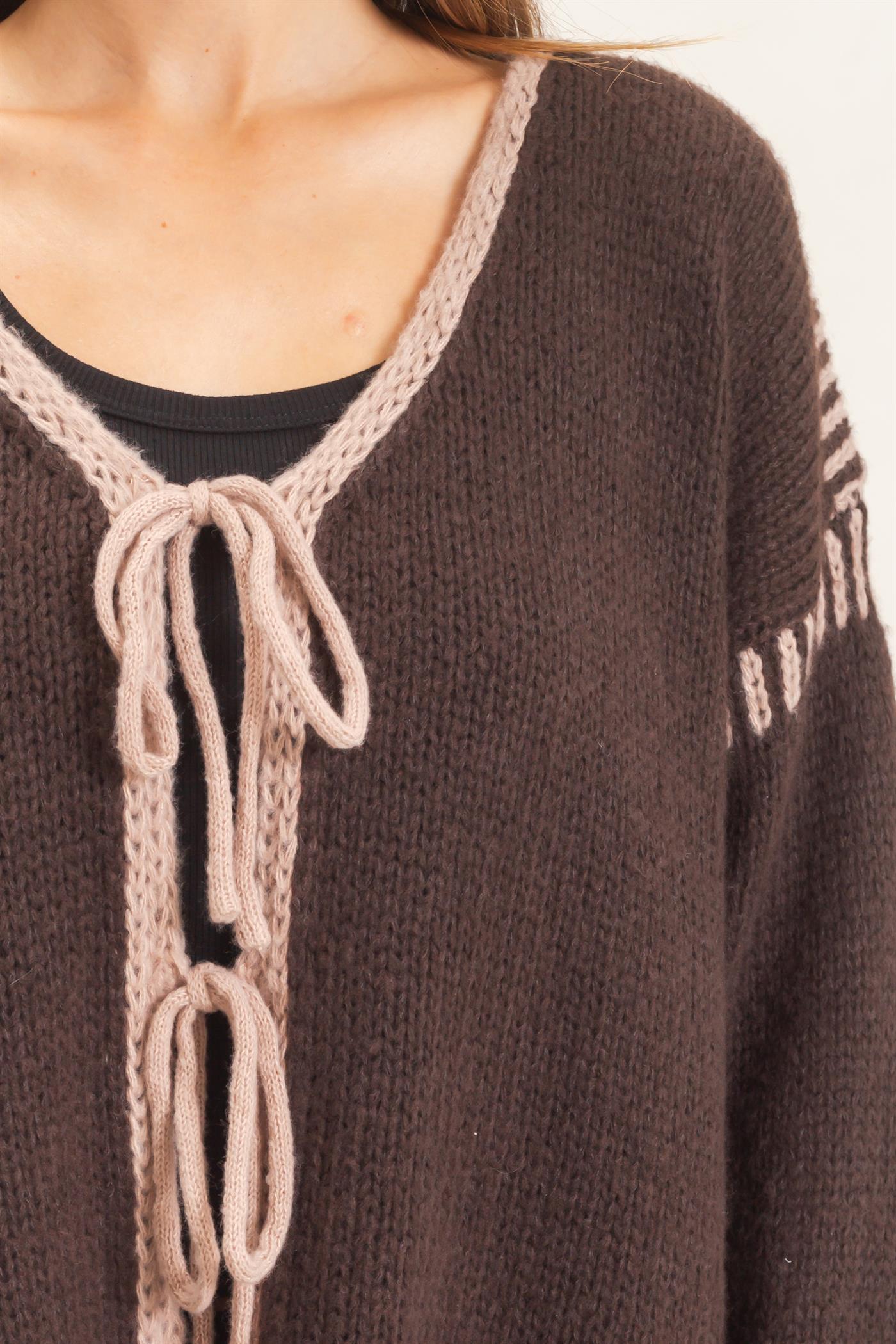 Wholesale Open Front Tie Cardigan Cardigans HF26F154 BROWN HYFVE