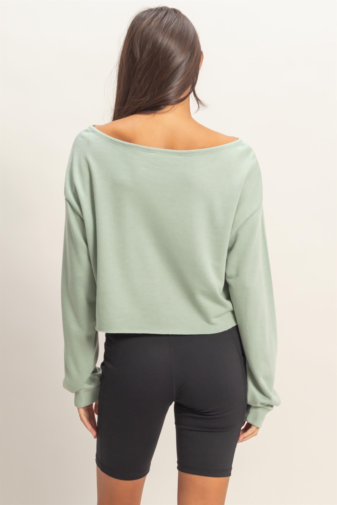 Wholesale Casually Cute Boat Neck Long Sleeve Top Clothing Tops DZ25C023 SAGE GREEN DOUBLE ZERO