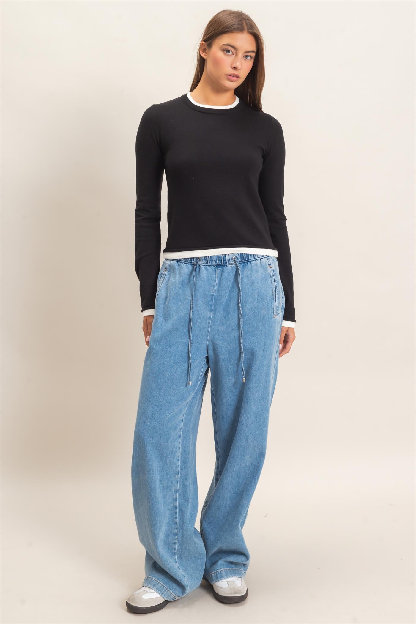 Wholesale Layer Effect Long Sleeve Knit Top Clothing Tops DZ26F394 BLACK DOUBLE ZERO