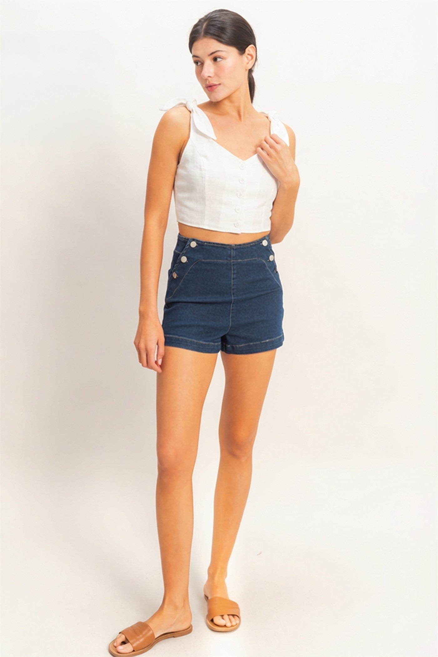 Wholesale Button-Up Tie Strap Crop Top Clothing Tops HF26A445 OFF WHITE HYFVE