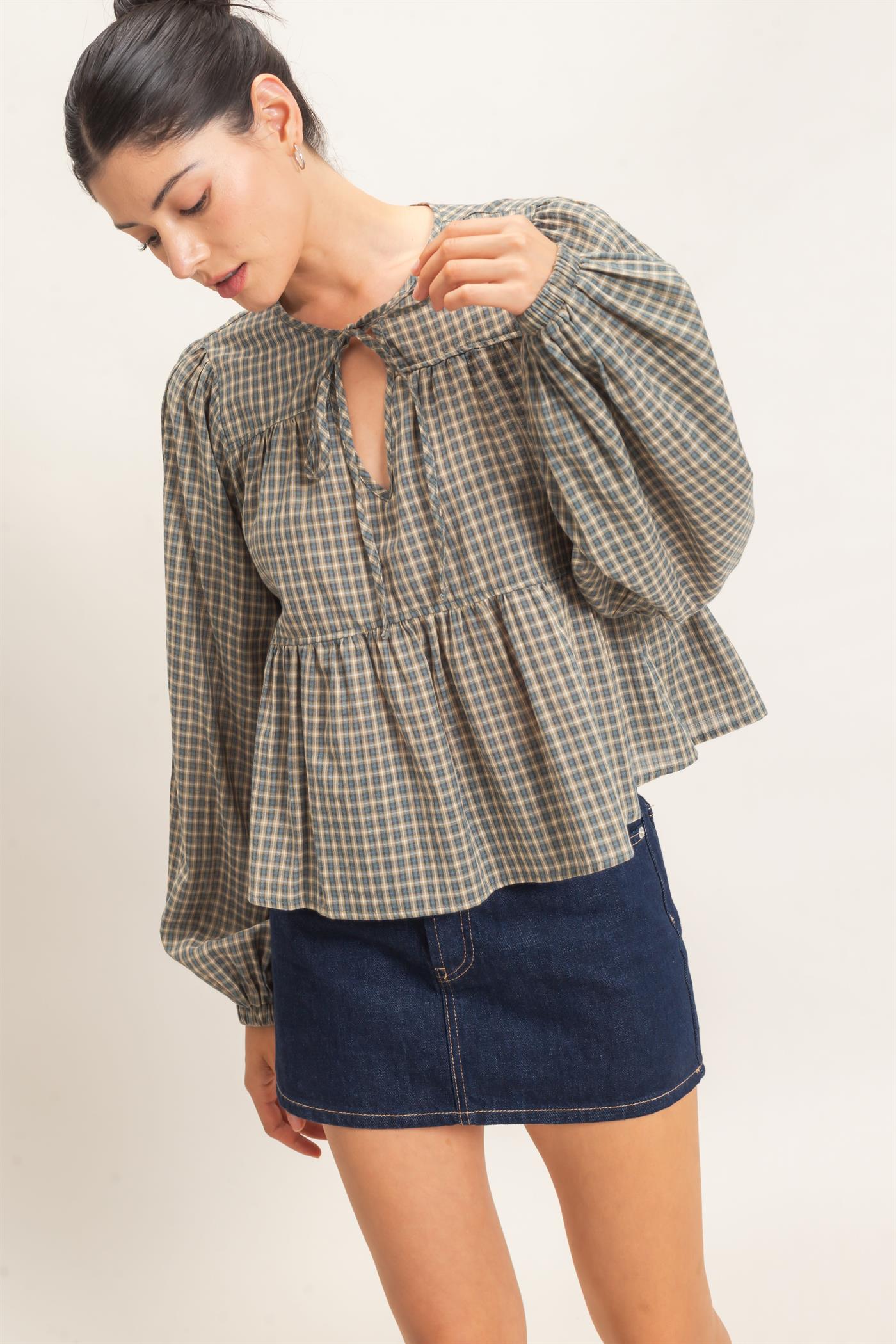Wholesale Checkered Tie Neck Top Clothing Tops HF26E732 TEAL BLUE HYFVE
