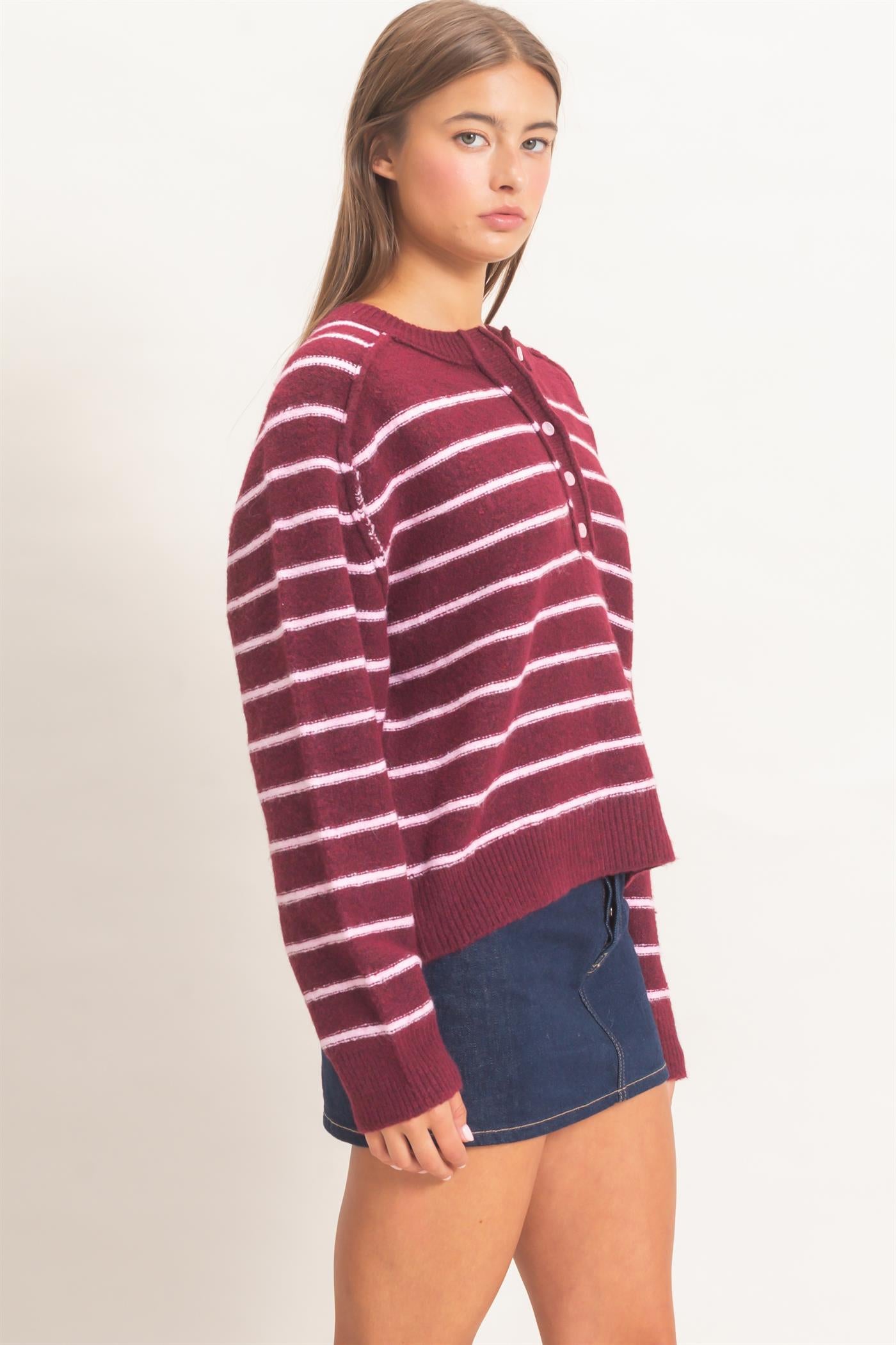 Wholesale Stripe Henley Sweater Sweaters DZ26F002 DARK CHERRY DOUBLE ZERO