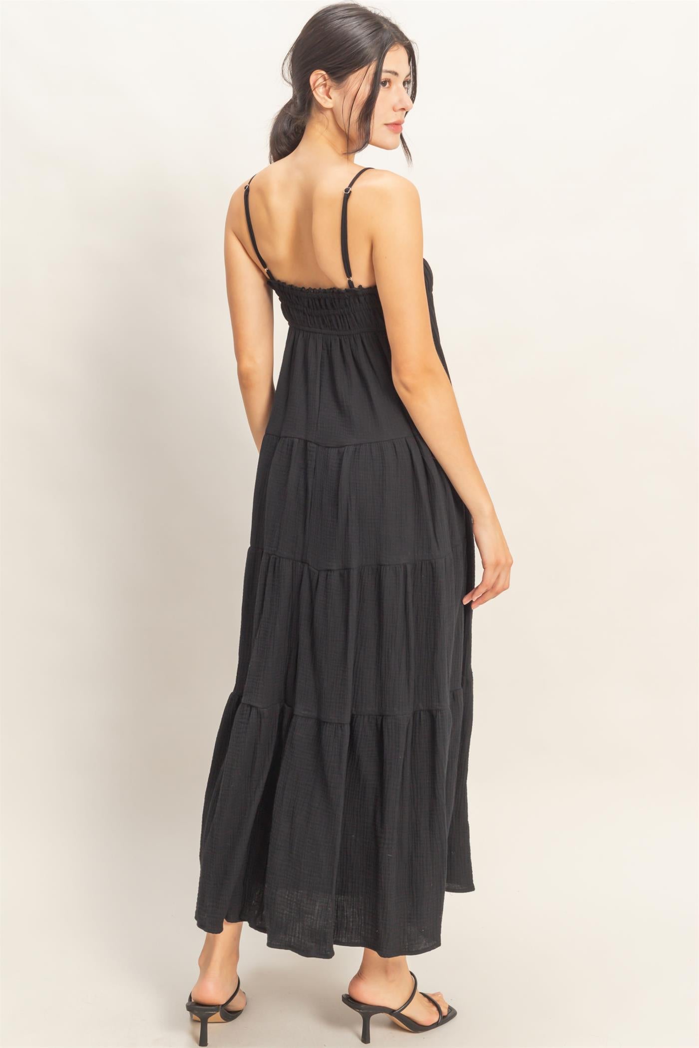 Wholesale Smocked Tiered Maxi Dress Dresses HF26C303 BLACK HYFVE