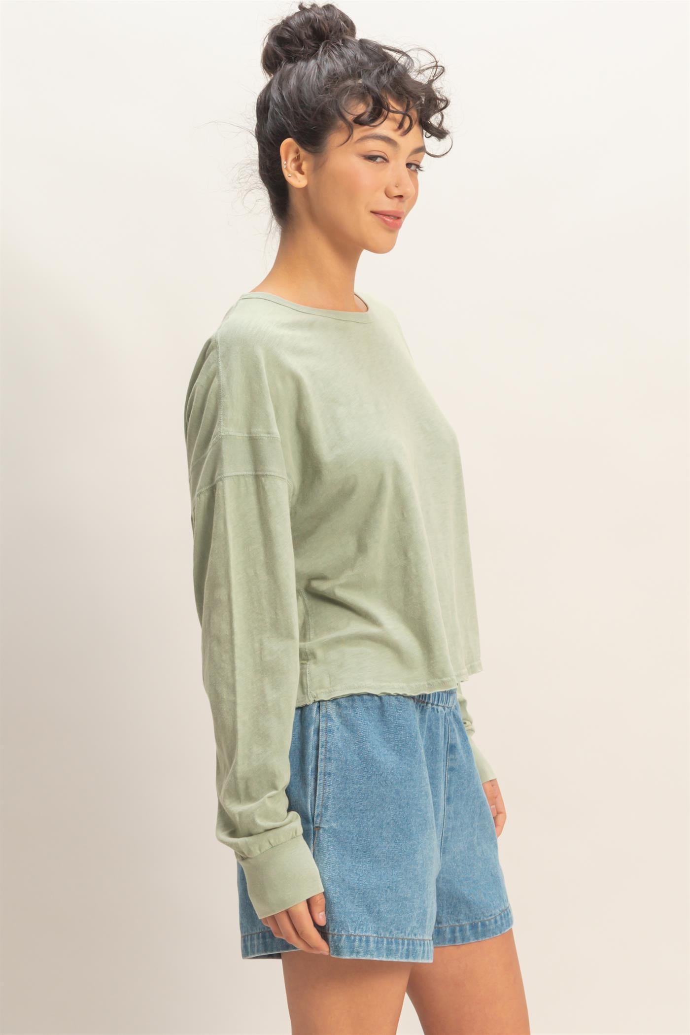 Wholesale Cross Detail Open Back Long-Sleeve Top Clothing Tops DZ26C731 SAGE GREEN DOUBLE ZERO