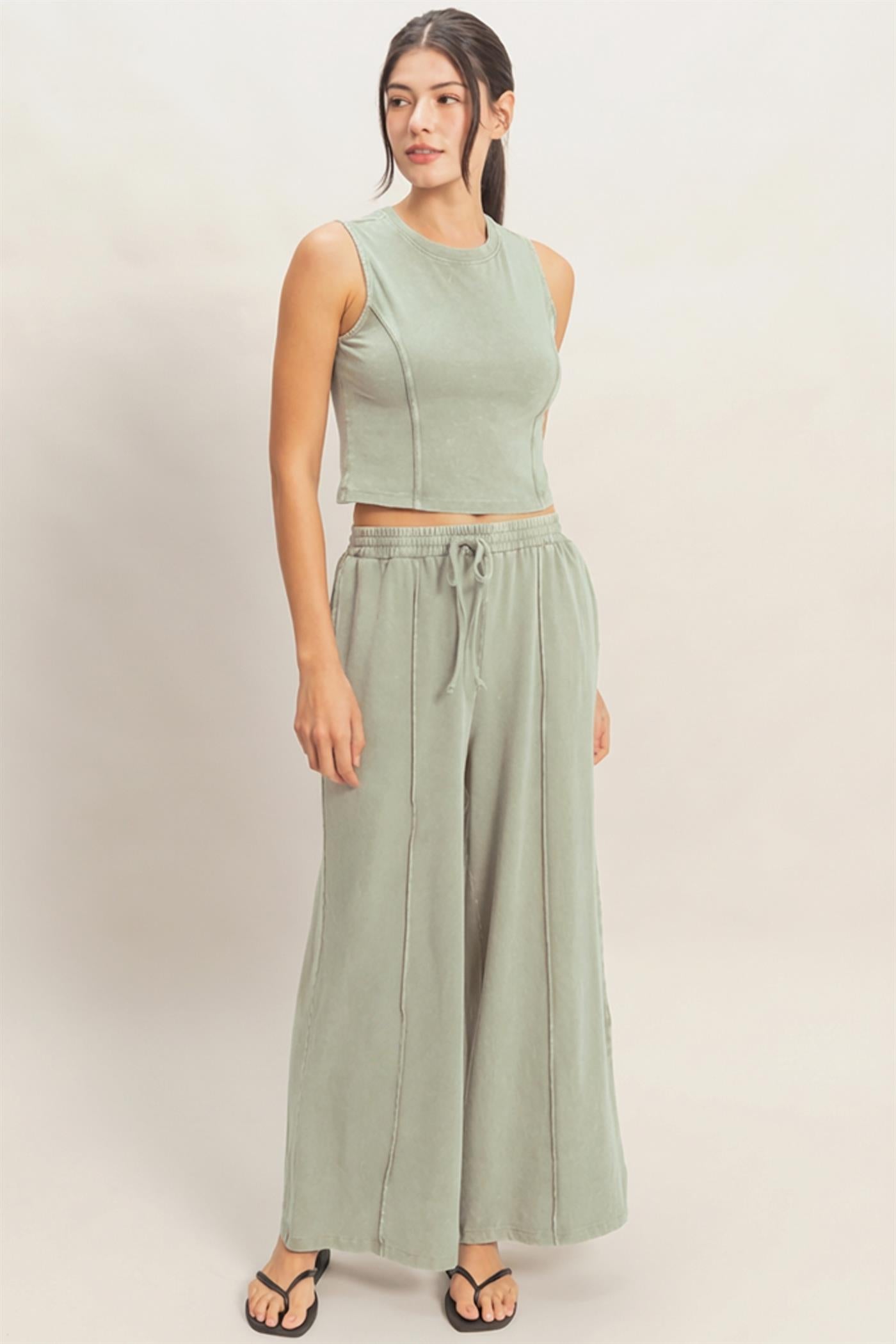 Wholesale Mineral Washed Sleeveless Top & Wide Leg Pants Set Clothing DZ26A371-SET SAGE GREEN DOUBLE ZERO