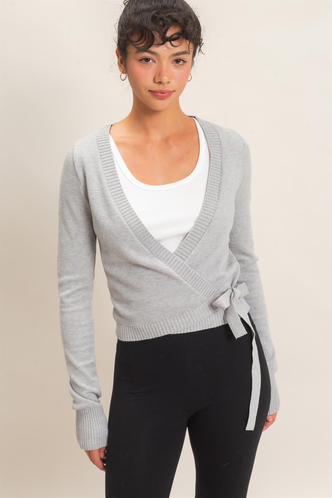 Wholesale Wrap Knit Cardigan Sweaters DZ26F393 HEATHER GRAY DOUBLE ZERO
