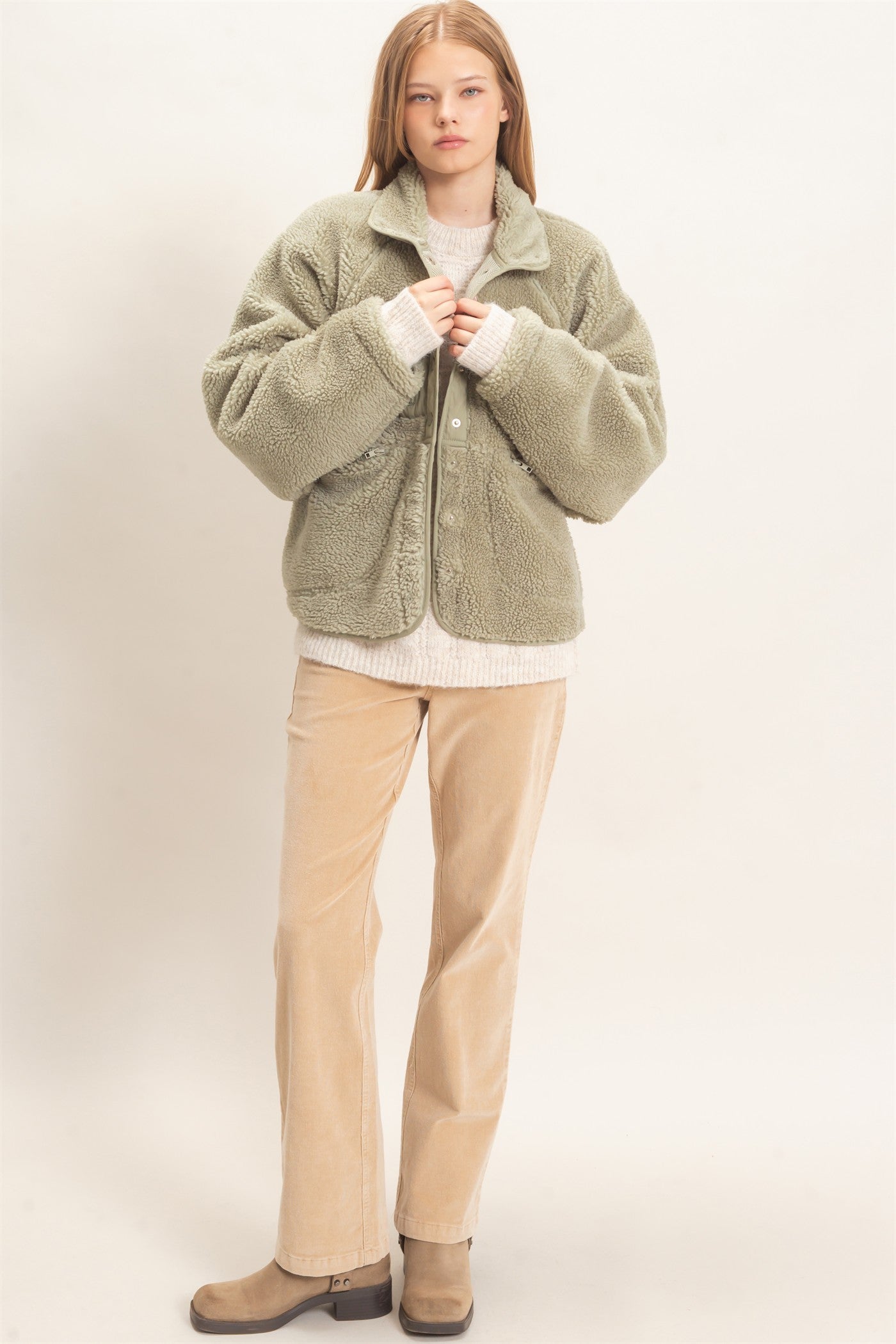 Wholesale Sherpa Fleece Jacket Coats & Jackets HF26E077 SAGE GREEN HYFVE