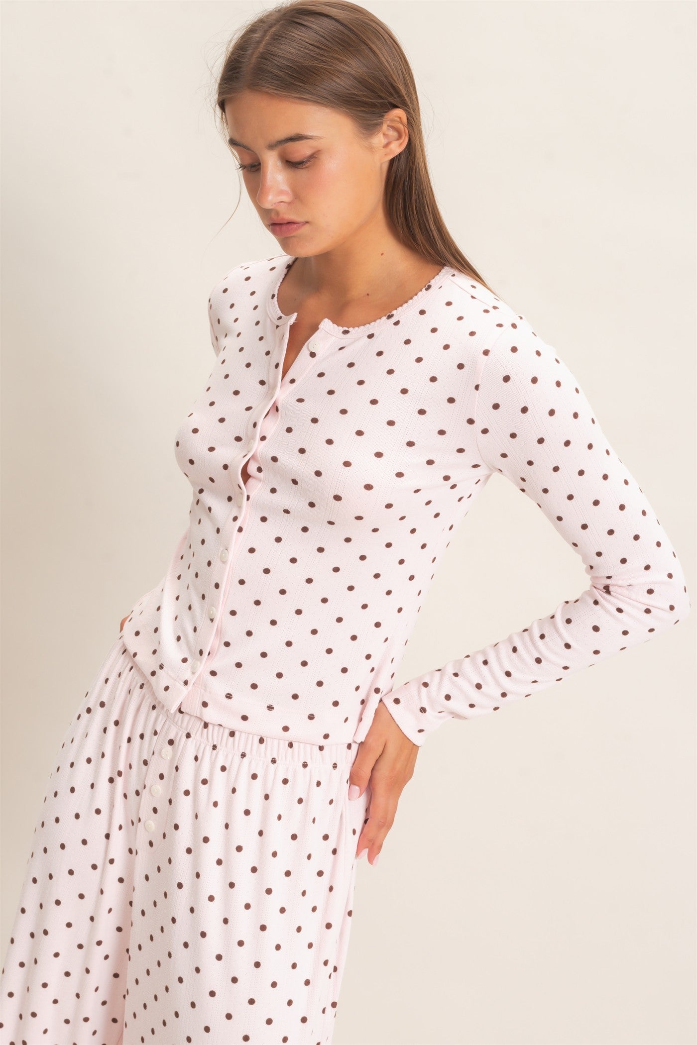 Wholesale Polka Dot Button Front Long Sleeve Top Clothing Tops DZ27A156 LIGHT PINK DOUBLE ZERO