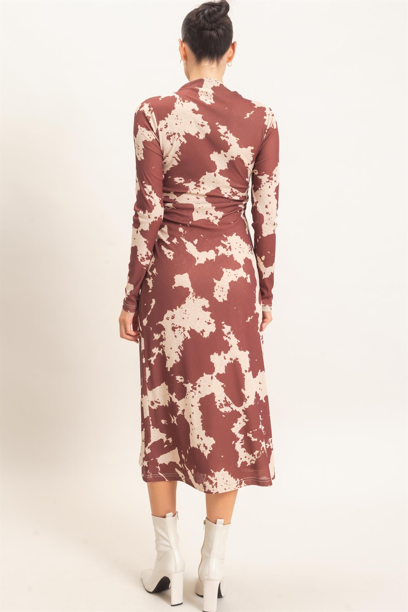 Wholesale Cow Print Knit Midi Dress Dresses HF26E780 BROWN HYFVE