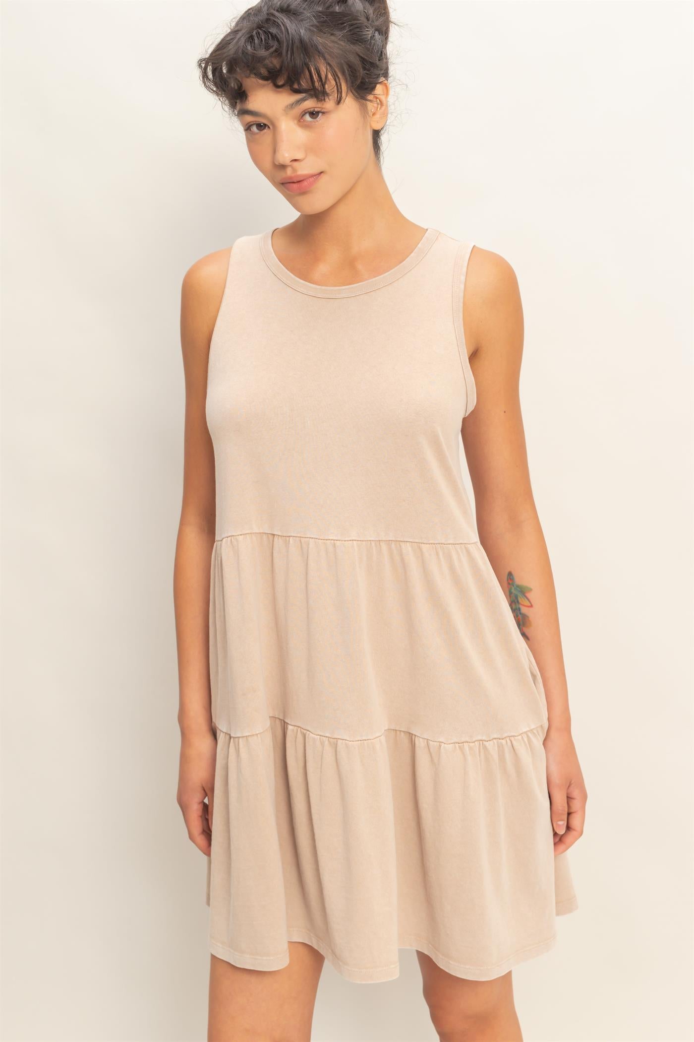 Wholesale Sleeveless Crewneck Tiered Mini Dress Dresses DZ26C208 DARK TAUPE DOUBLE ZERO