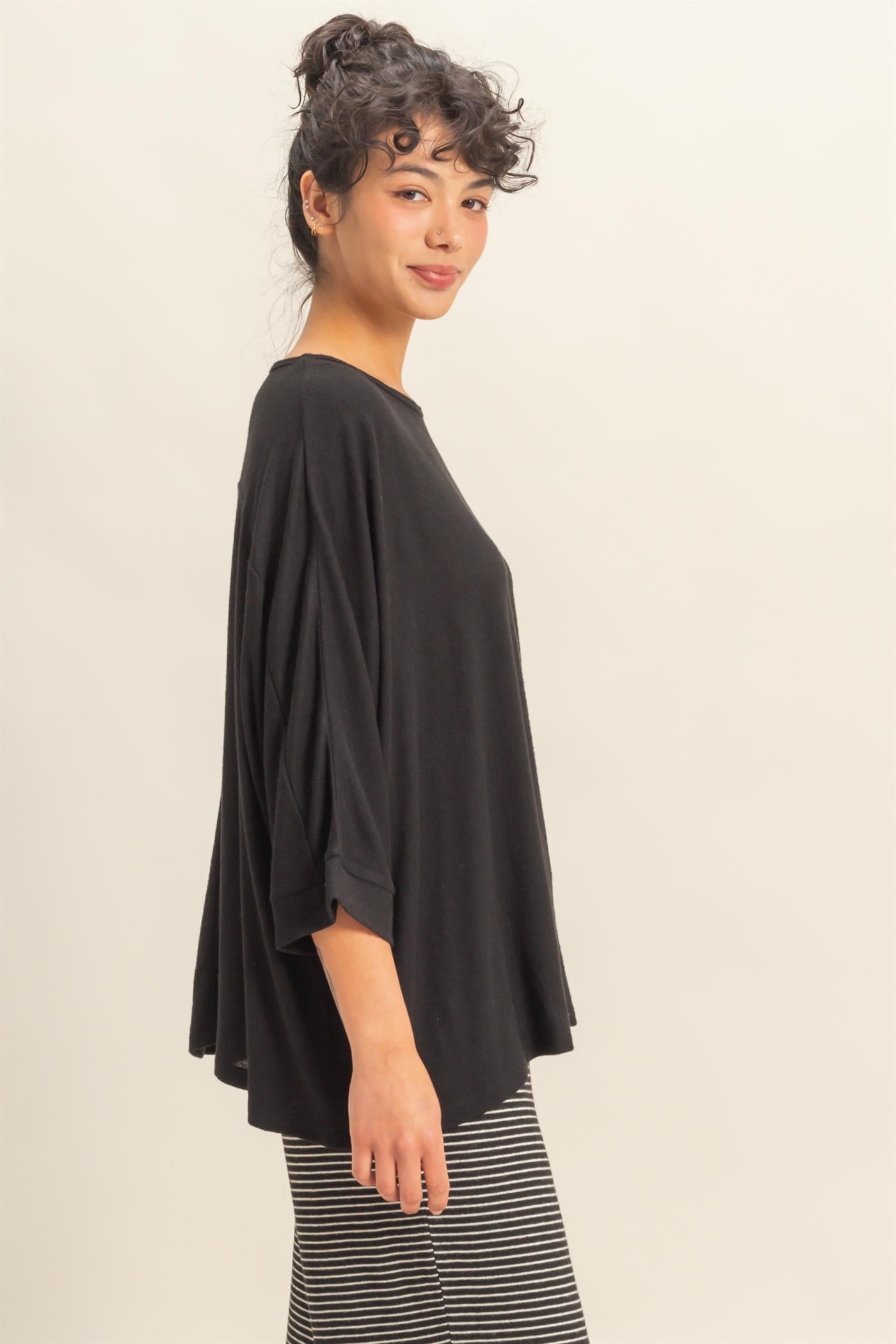 Wholesale Batwing 3/4 Sleeve Oversized Top Clothing Tops DZ25E133 BLACK DOUBLE ZERO