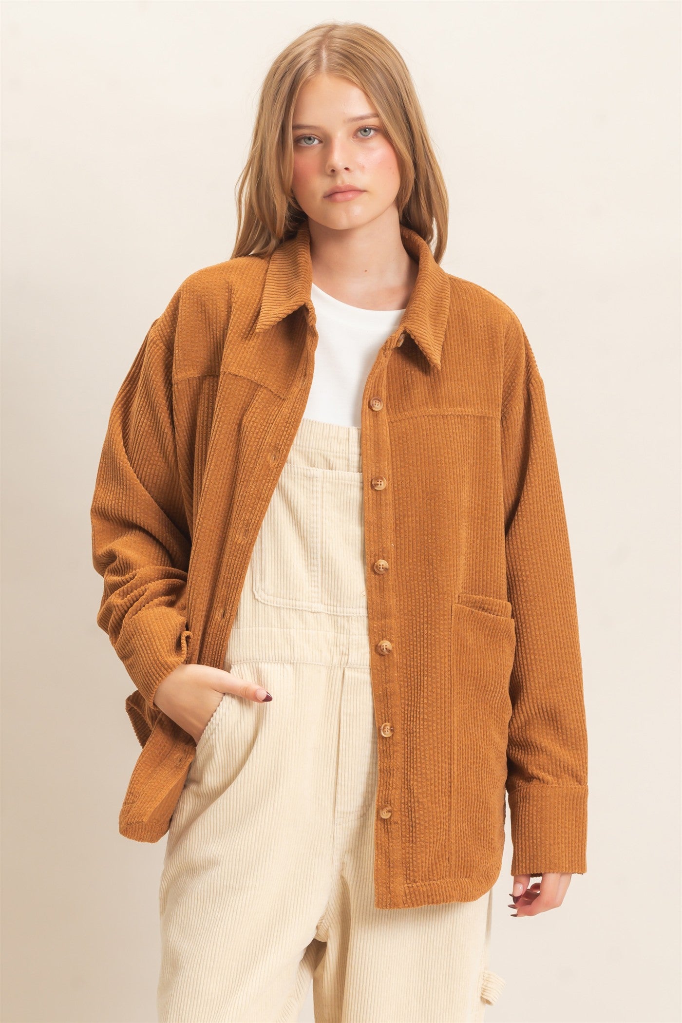 Wholesale Corduroy Button-Up Shirt Outerwear HF26F163 CAMEL HYFVE