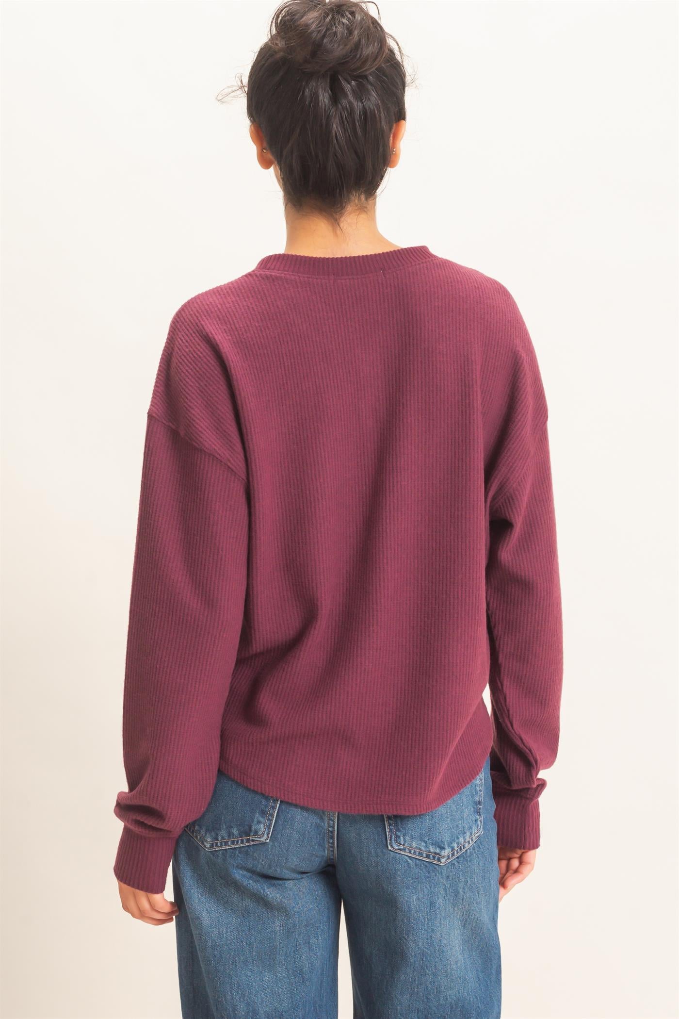 Wholesale Brushed Waffle Henley Top Clothing Tops DZ26F314 DARK CHERRY DOUBLE ZERO