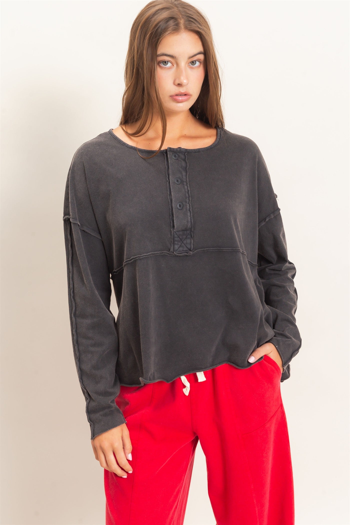 Wholesale Oversized Henley Top With Raw Edges Clothing Tops DZ26F128 BLACK DOUBLE ZERO