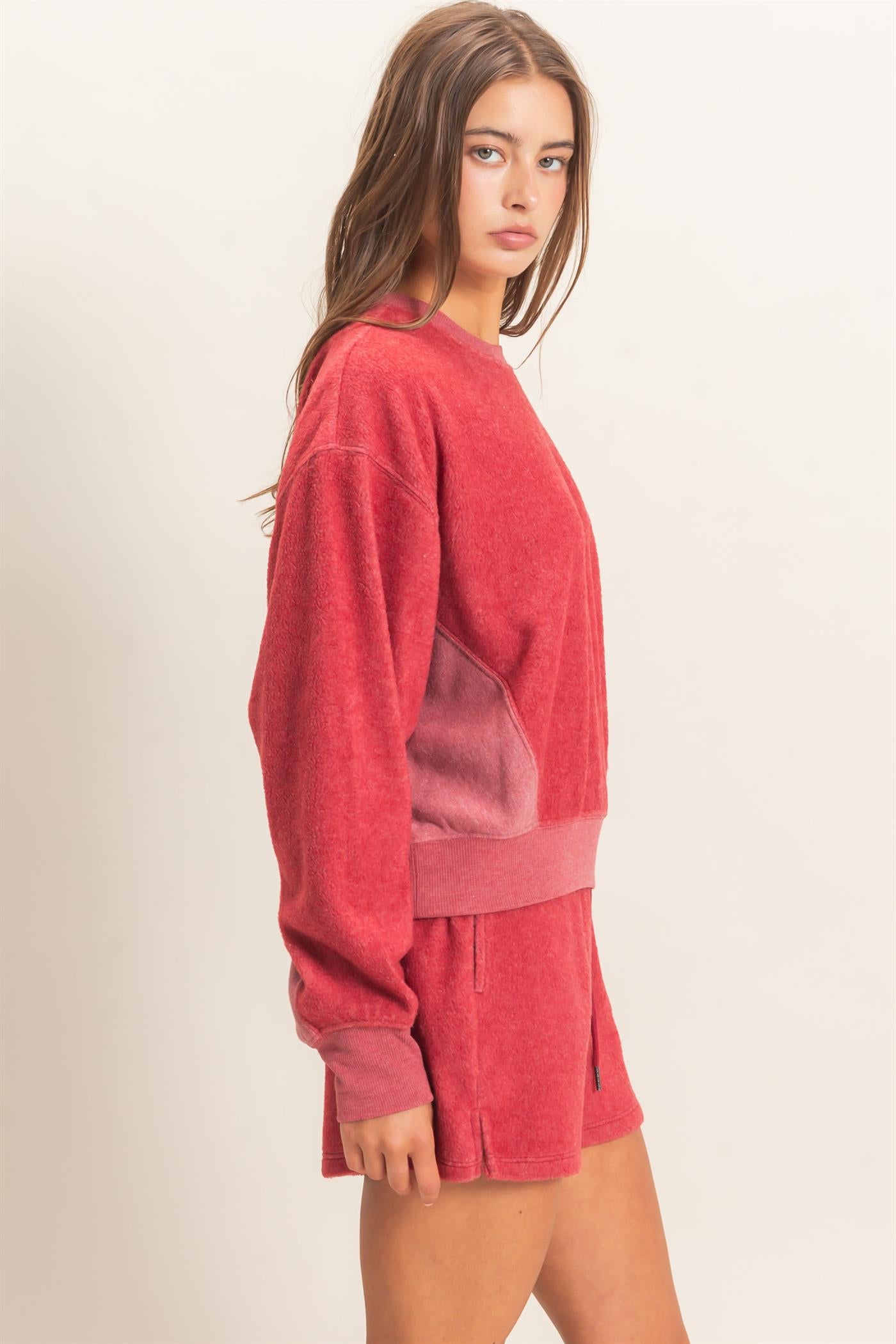 Wholesale Contrast Sweatshirt & Shorts Set Clothing DZ25F478-SET DARK RED DOUBLE ZERO