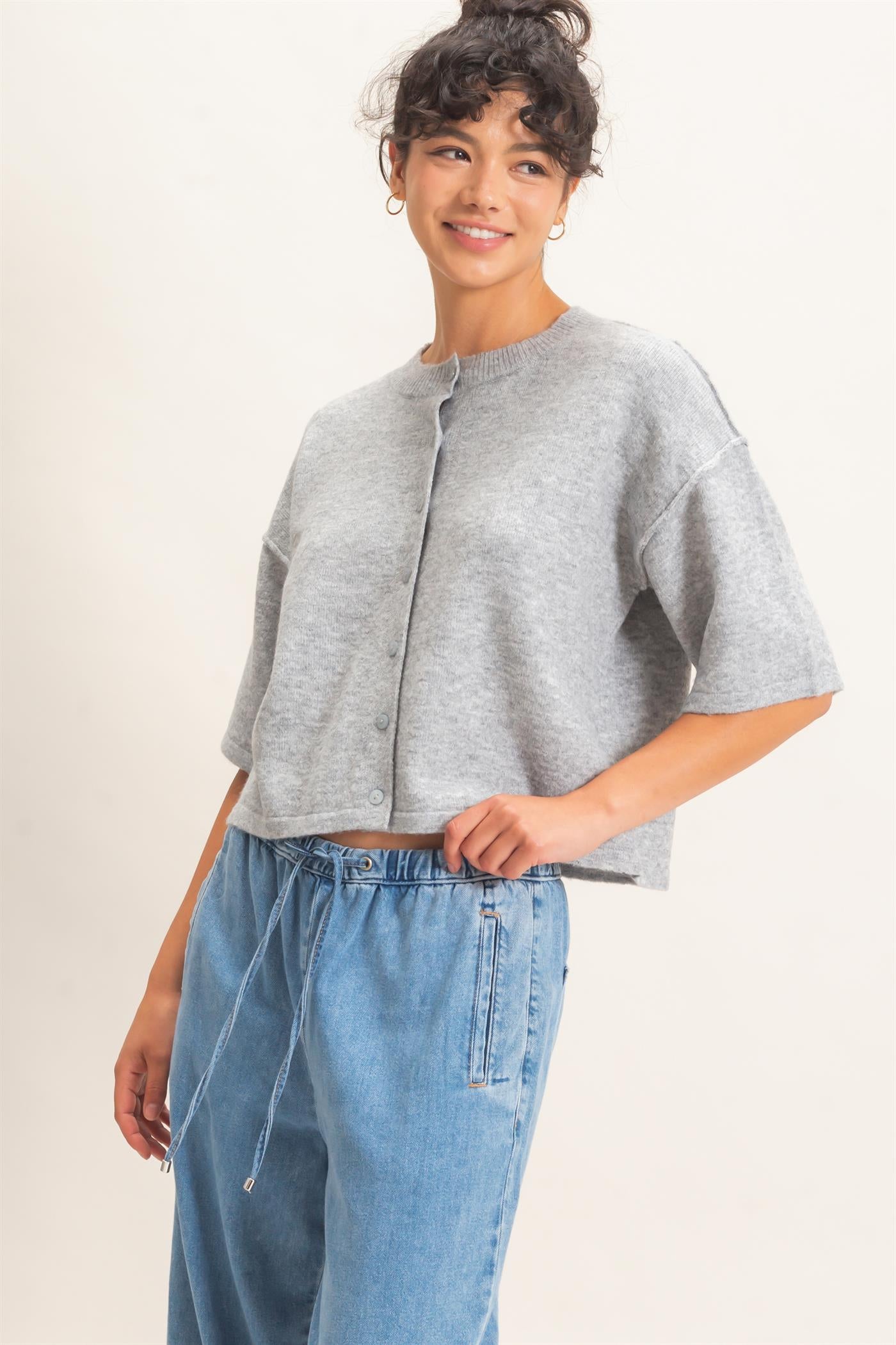 Wholesale Drop Shoulder Short Sleeve Cardigan Cardigans DZ26E238 HEATHER GRAY DOUBLE ZERO