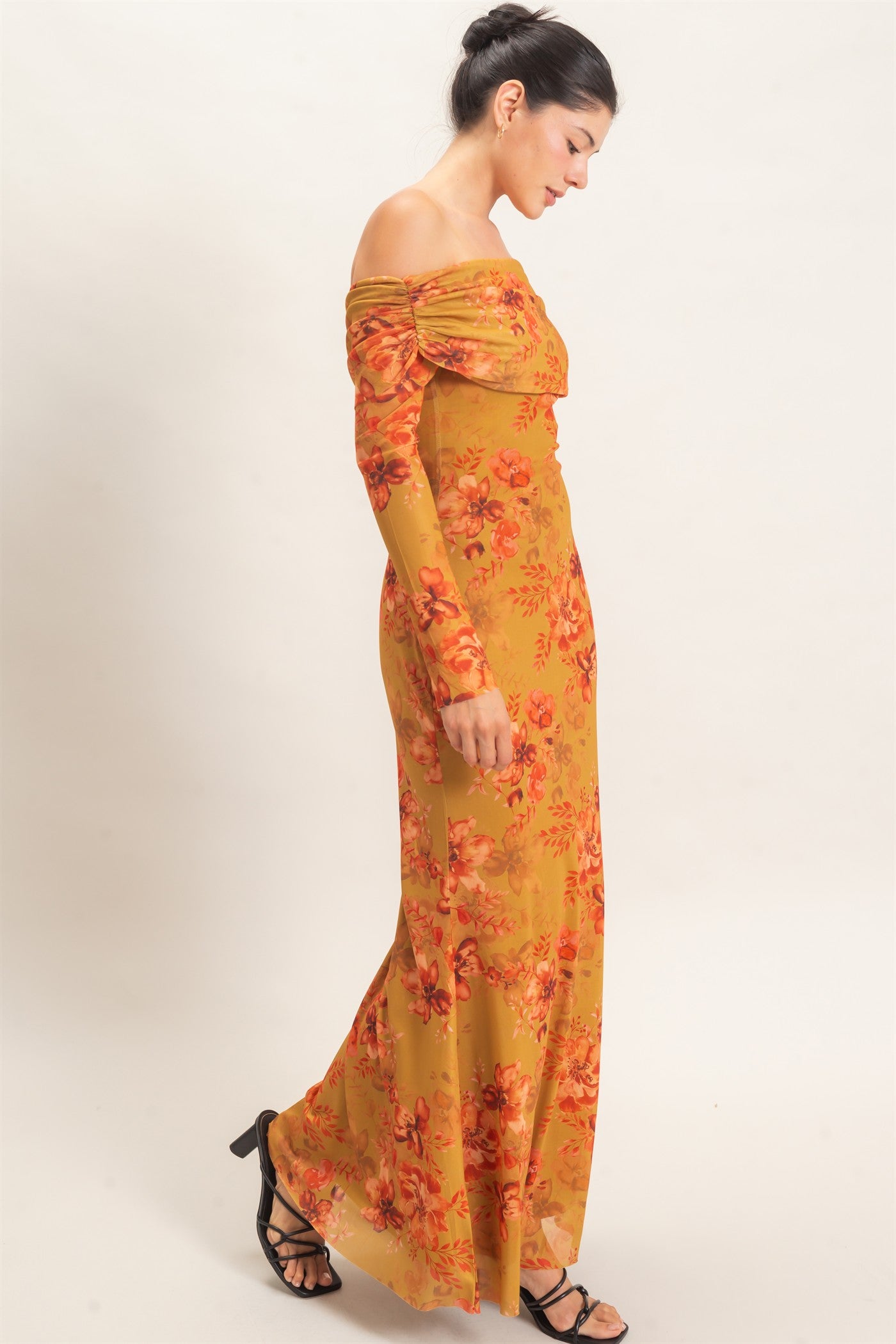 Wholesale Off Shoulder Floral Mesh Dress Dresses HF26E008 MUSTARD HYFVE