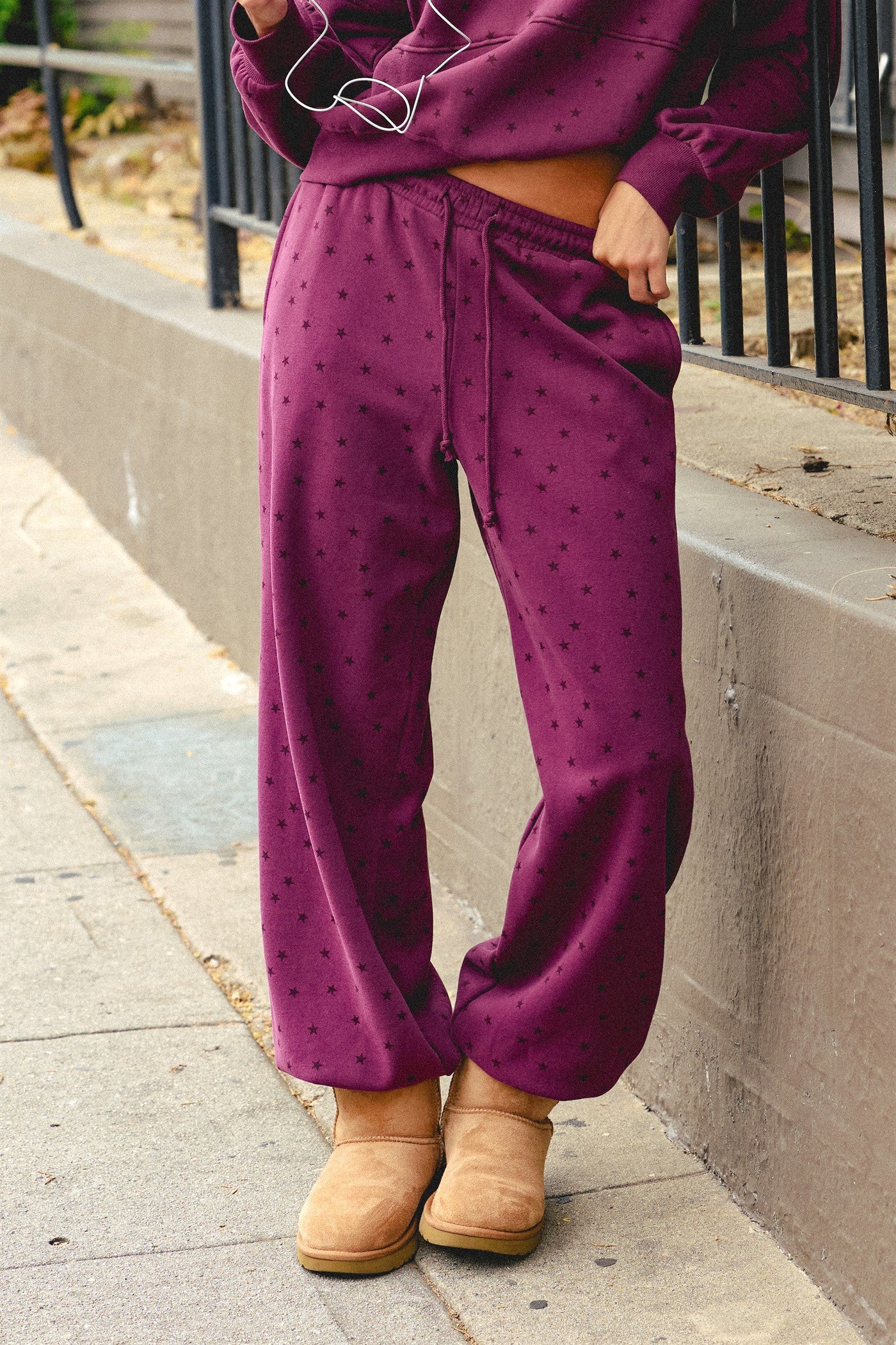 Wholesale Star Print Elastic Waist Jogger Pants Joggers DZ26E287 DARK CHERRY DOUBLE ZERO