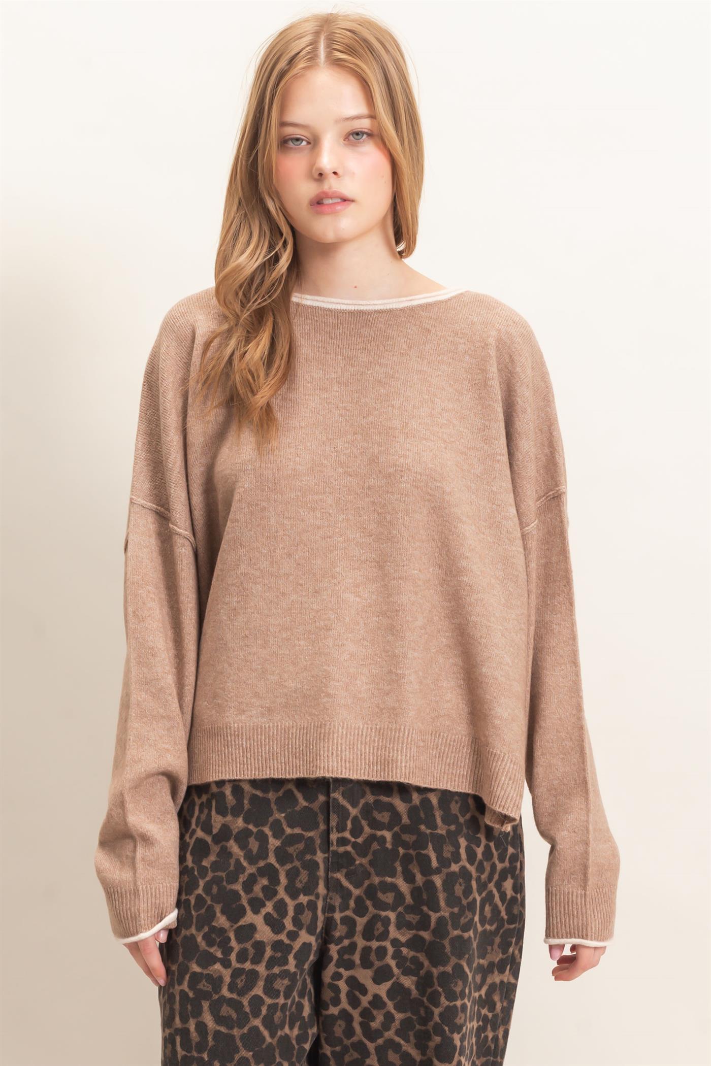 Wholesale Relaxed Wide Neck Knit Sweater Sweaters HF26E066-D LIGHT TAUPE HYFVE
