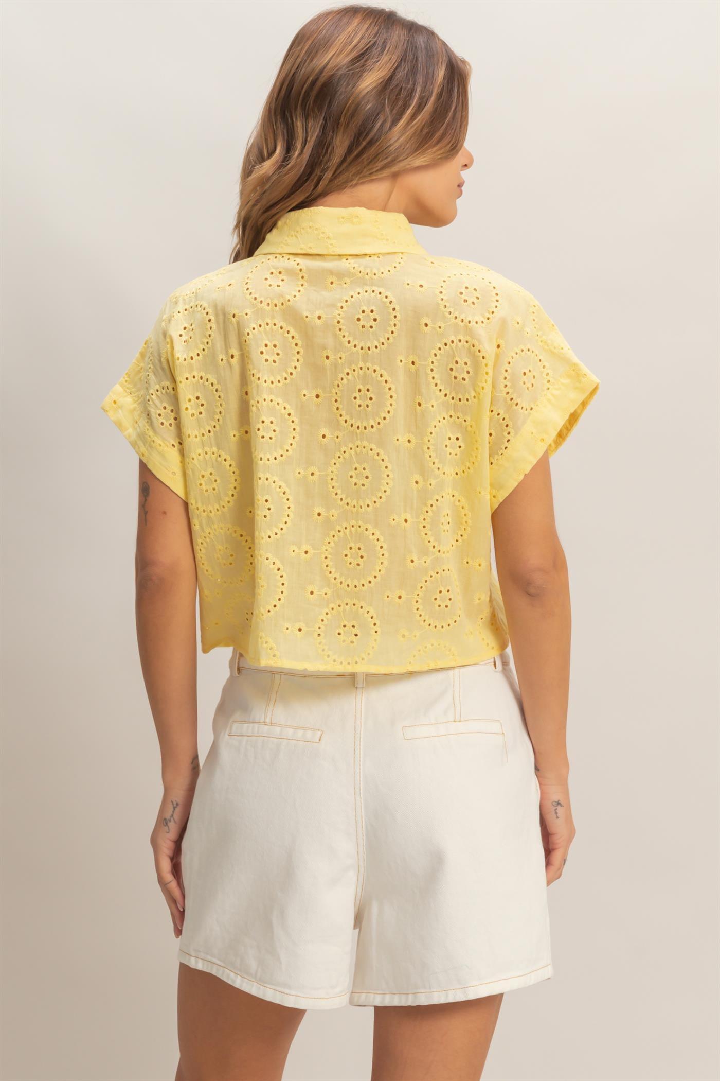 Wholesale Eyelet Cropped Button-Up Shirt Clothing Tops HF26C297 YELLOW HYFVE