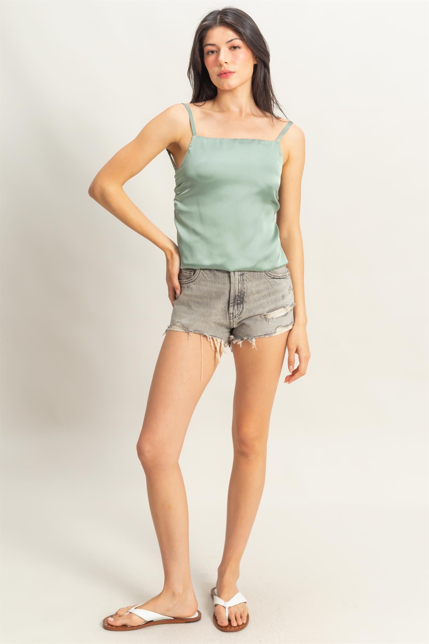 Wholesale Satin Back Tie Detail Sleeveless Top Clothing Tops DZ25C126 SAGE GREEN DOUBLE ZERO