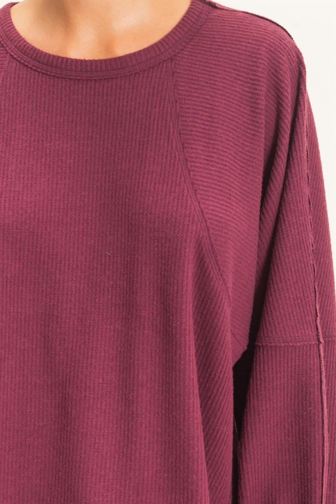 Wholesale Brushed Waffle Long Sleeve Top Clothing Tops DZ26F312 DARK CHERRY DOUBLE ZERO