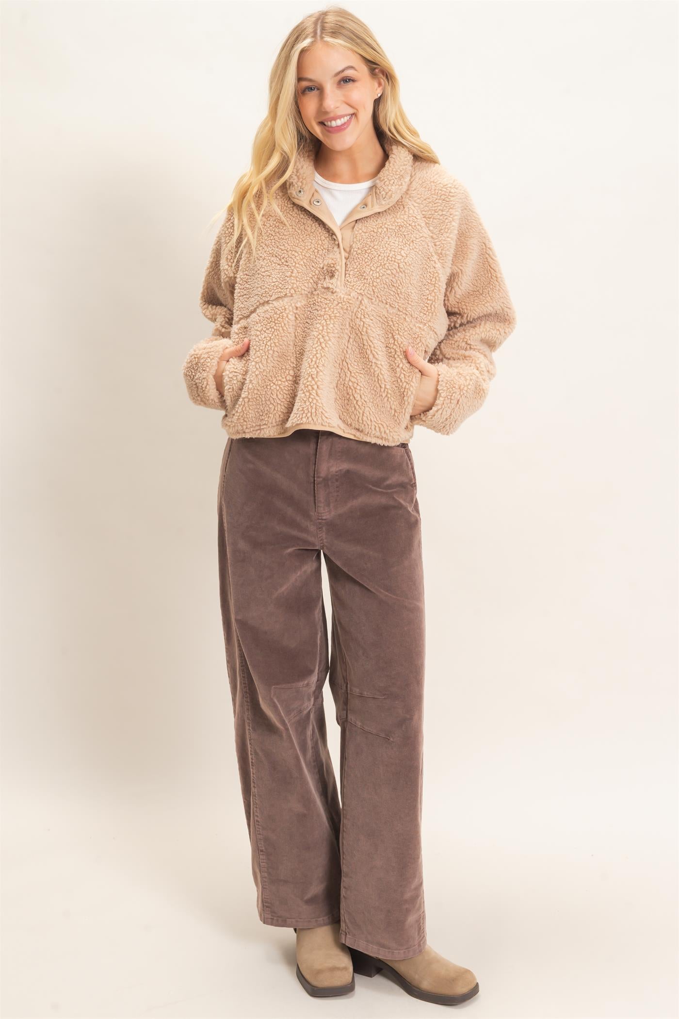 Wholesale Half-Zip Sherpa Jacket Sweatshirts HF26F130-D BEIGE HYFVE