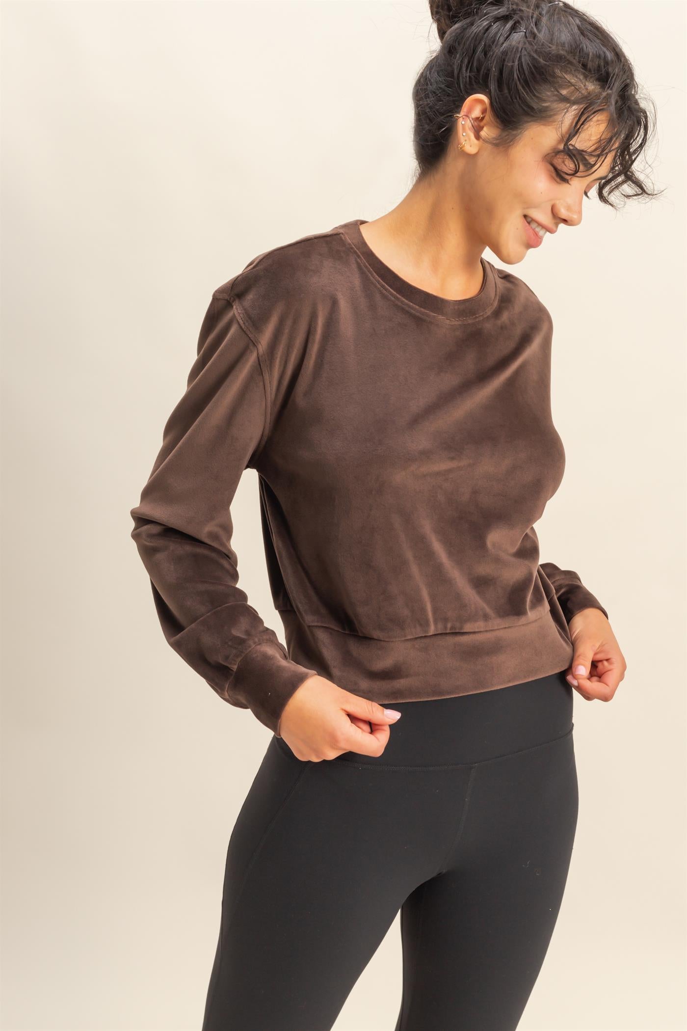 Wholesale Banded Waist Sweatshirt Clothing Tops DZ23A458 DARK CHOCOLATE DOUBLE ZERO