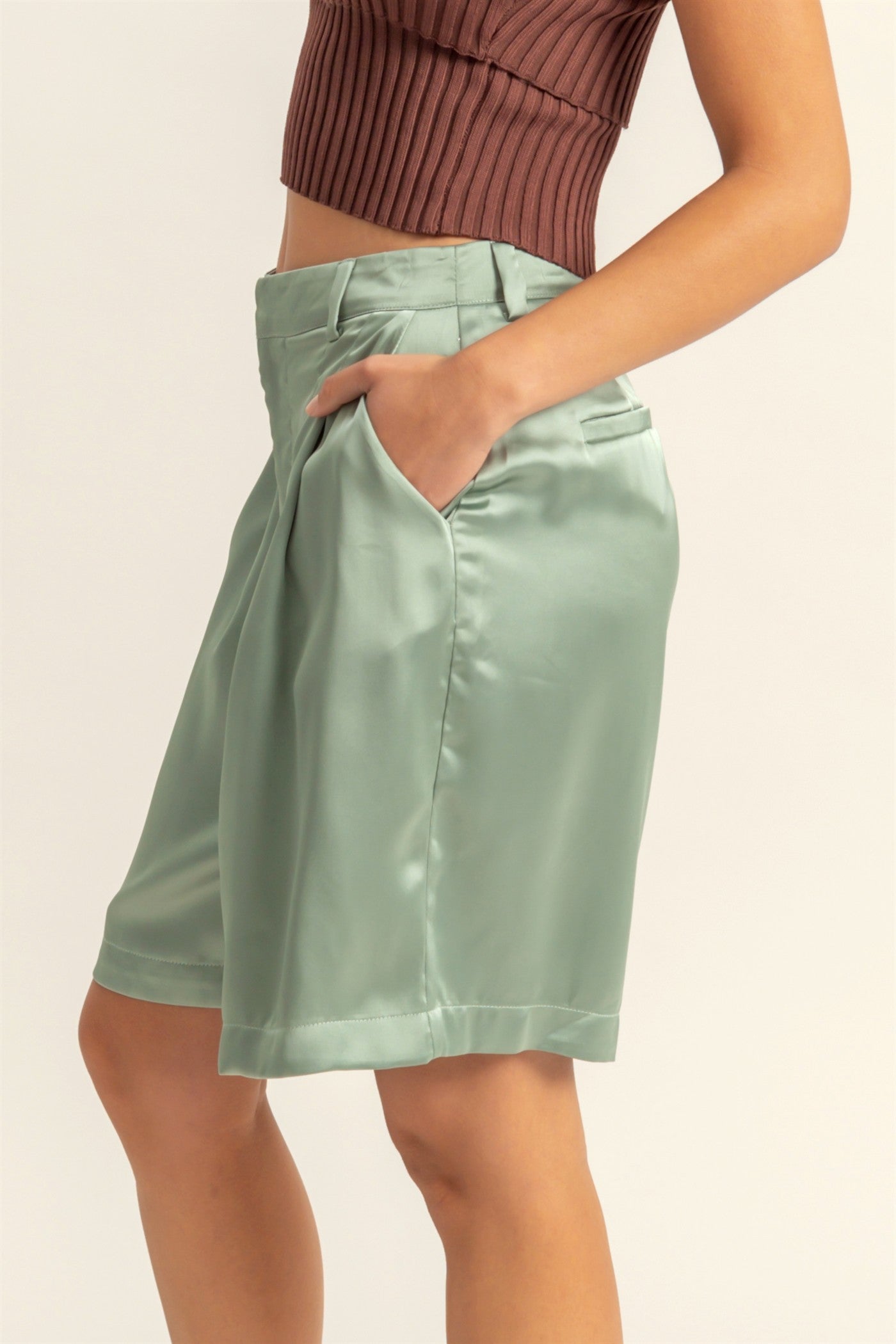 Wholesale High-Waist Pleated Satin Shorts Shorts DZ24E149 SAGE GREEN DOUBLE ZERO