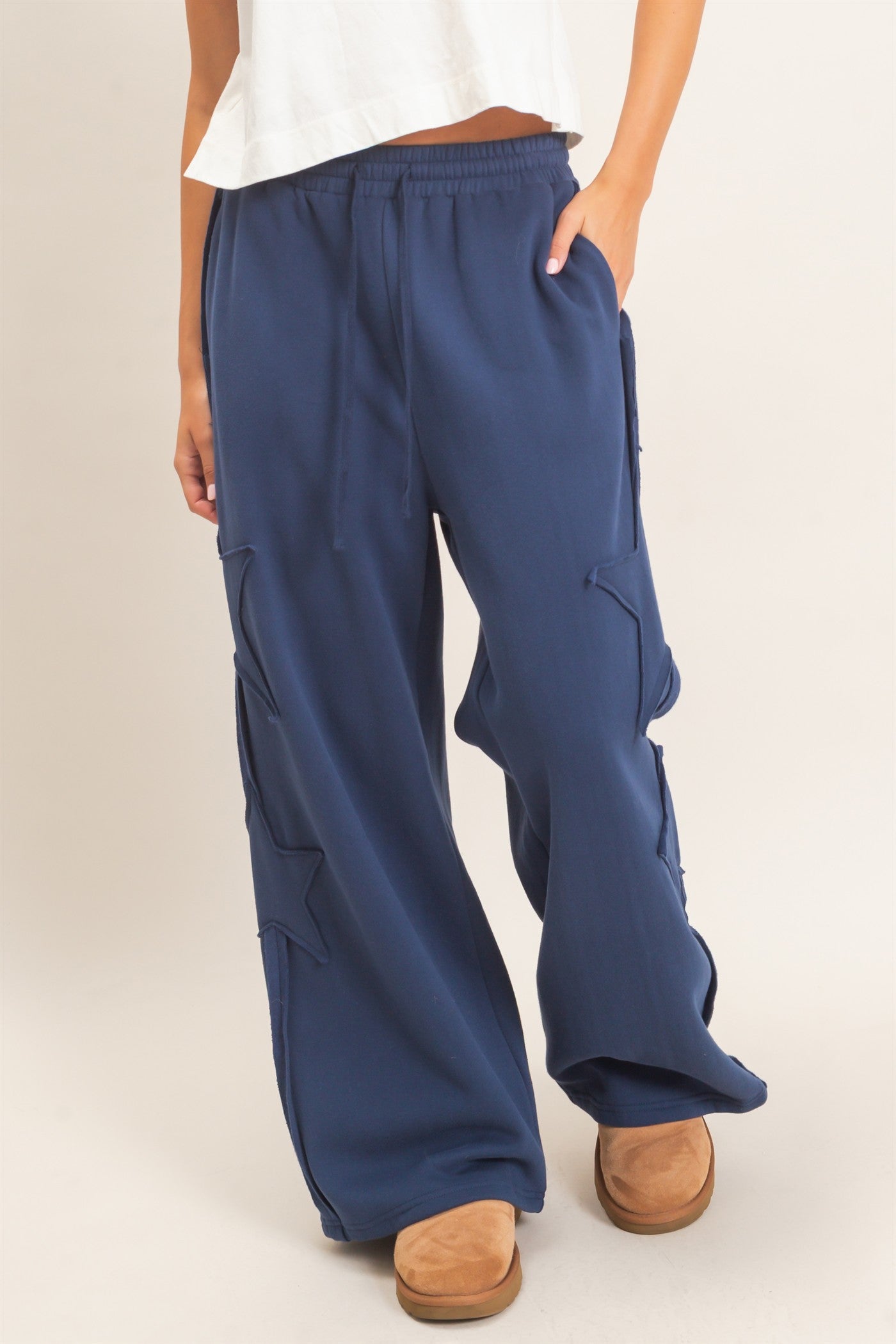 Wholesale French Terry Star Patch Sweatpants Pants DZ27A197 NAVY DOUBLE ZERO