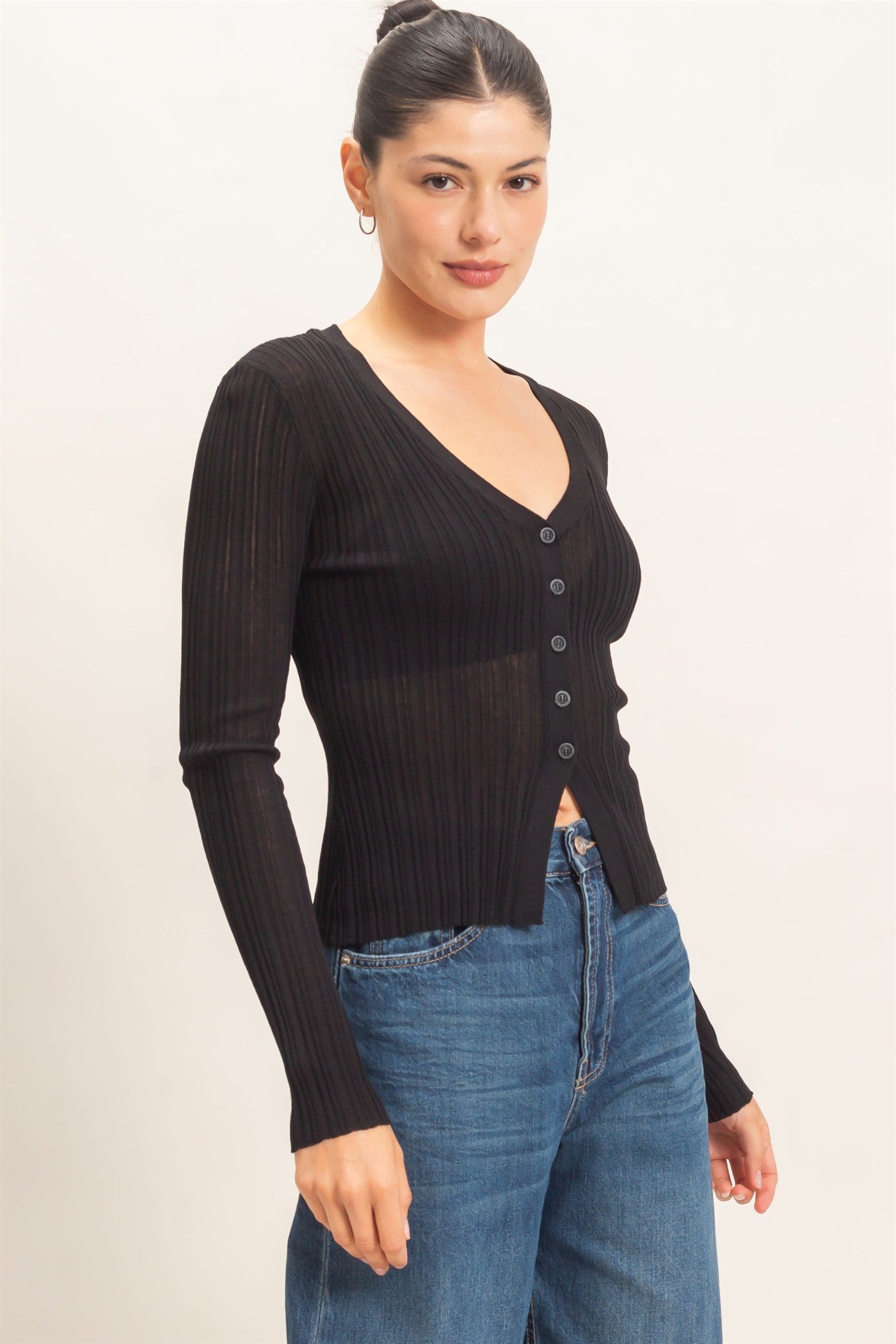 Wholesale Ribbed V-Neck Cardigan Cardigans HF26E154 BLACK HYFVE