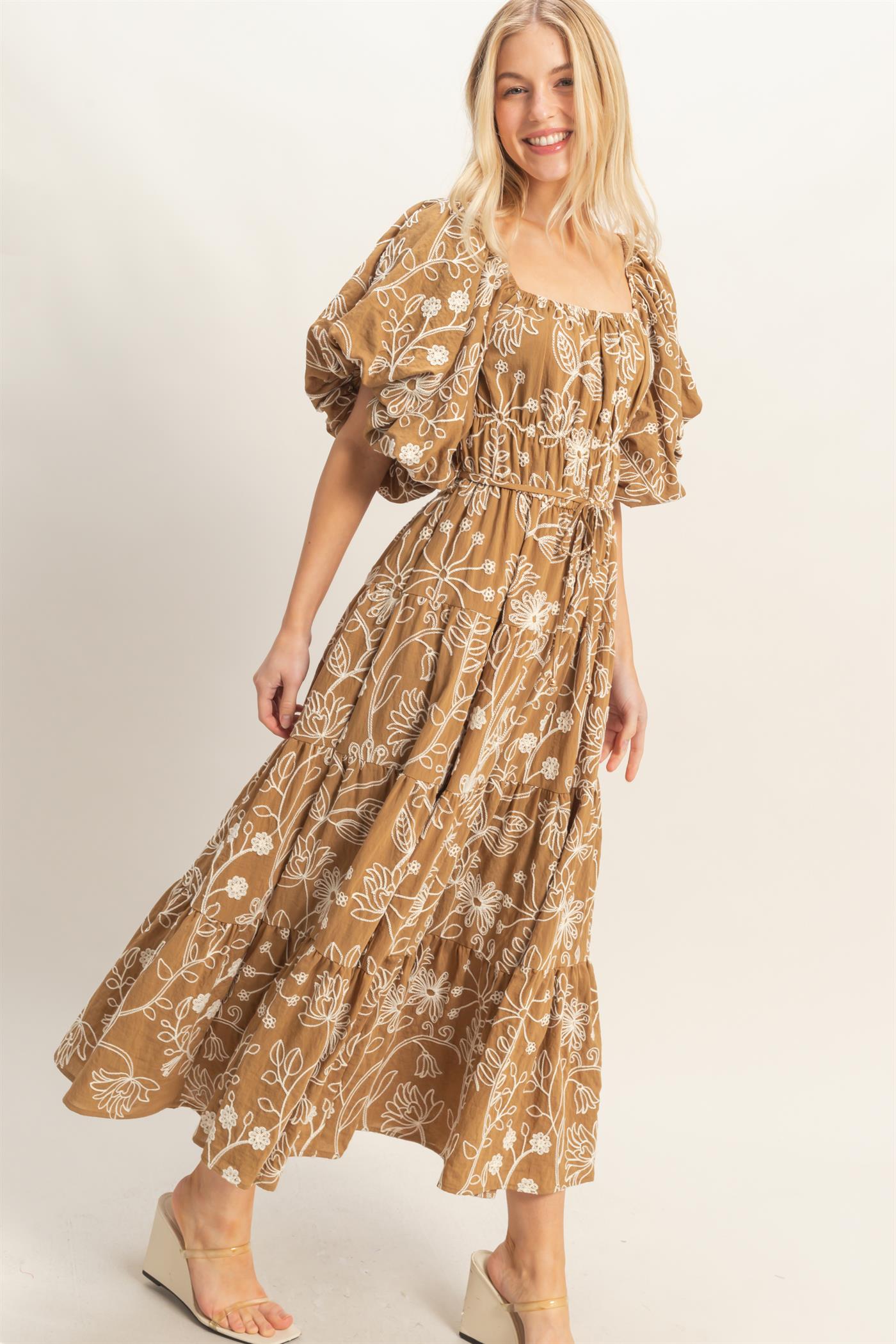 Wholesale Floral Puff Sleeve Midi Dress Dresses HF26C777-D LIGHT BROWN HYFVE