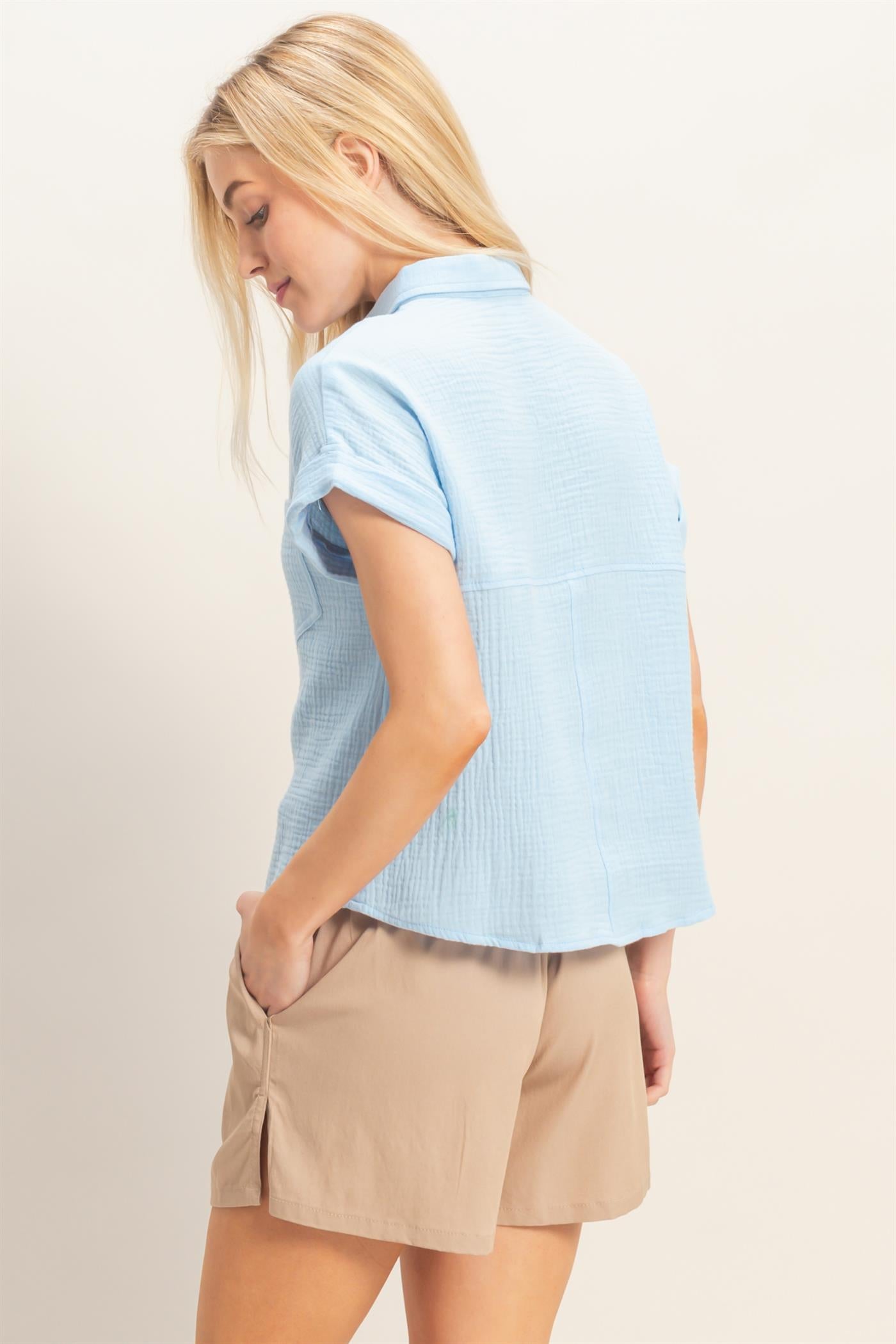 Wholesale Rolled Sleeve Button-Up Top Clothing Tops HF26E526 BLUE HYFVE