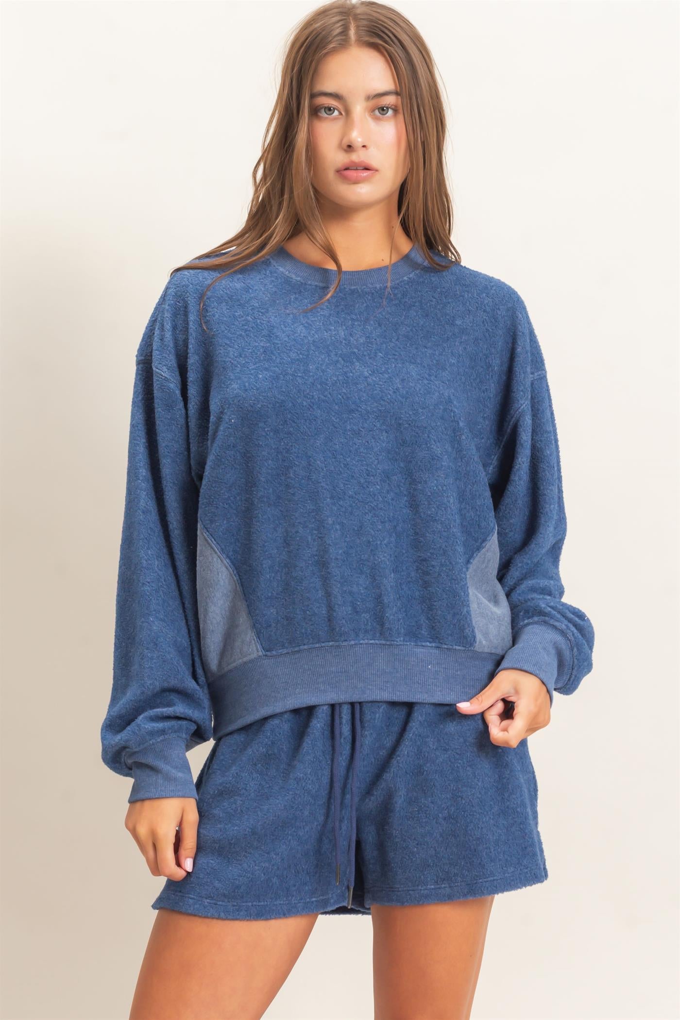 Wholesale Contrast Sweatshirt & Shorts Set Clothing DZ25F478-SET NAVY DOUBLE ZERO