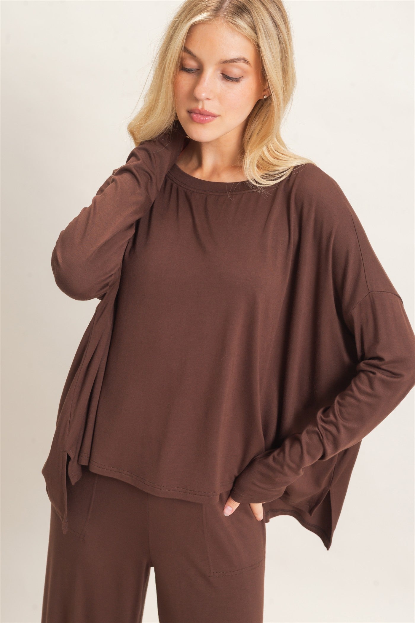 Wholesale Boat Neck Boxy Top Clothing Tops HF26F298 ESPRESSO HYFVE