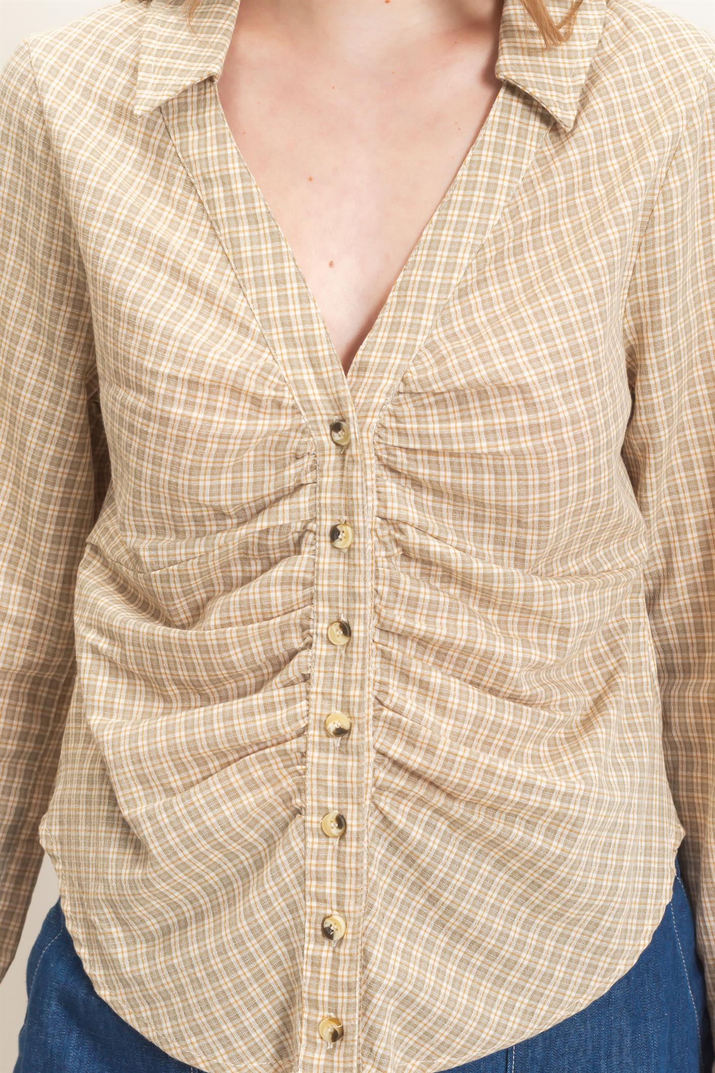Wholesale Ruched Button-Down Shirt Blouses HF26E348 CREAM HYFVE